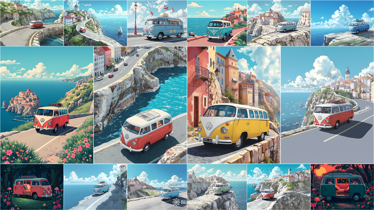 holiday van art, coastal road trip art, retro travel illustration, VW camper van artwork, seaside town digital download, vintage summer aesthetic, wanderlust wall art, AI travel art pack