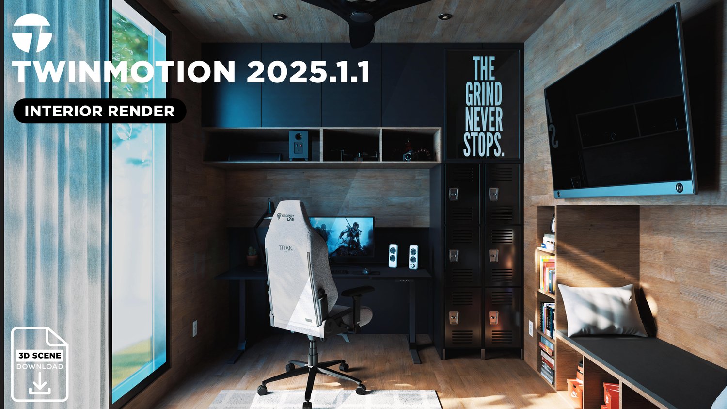 Realistic office interior render created in Twinmotion 2025.1.1 featuring modern desk setup, gaming chair, wood finishes, and cinematic lighting.