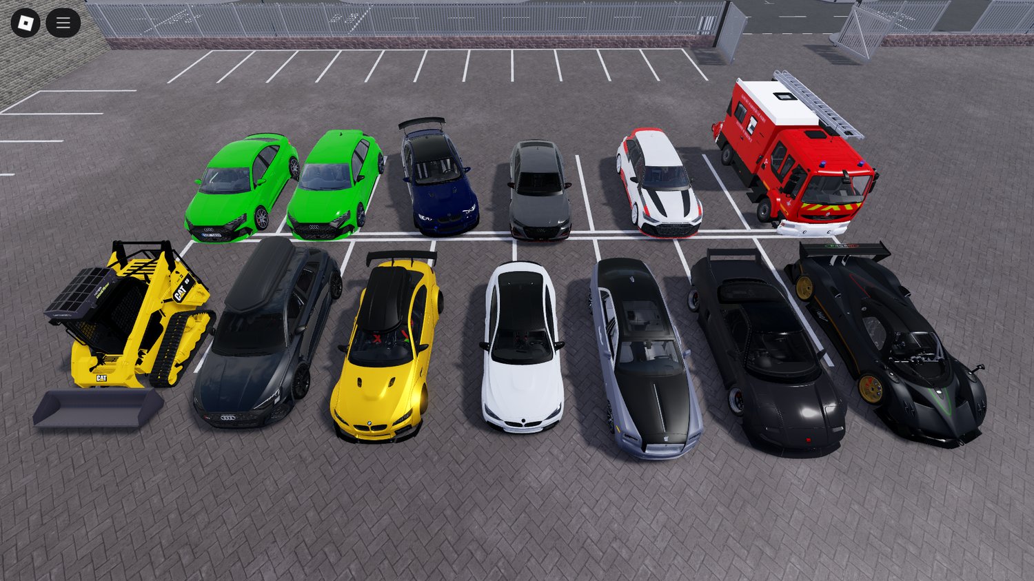 Roblox 13-vehicle pack garage showcase with sports, urban, and utility vehicles