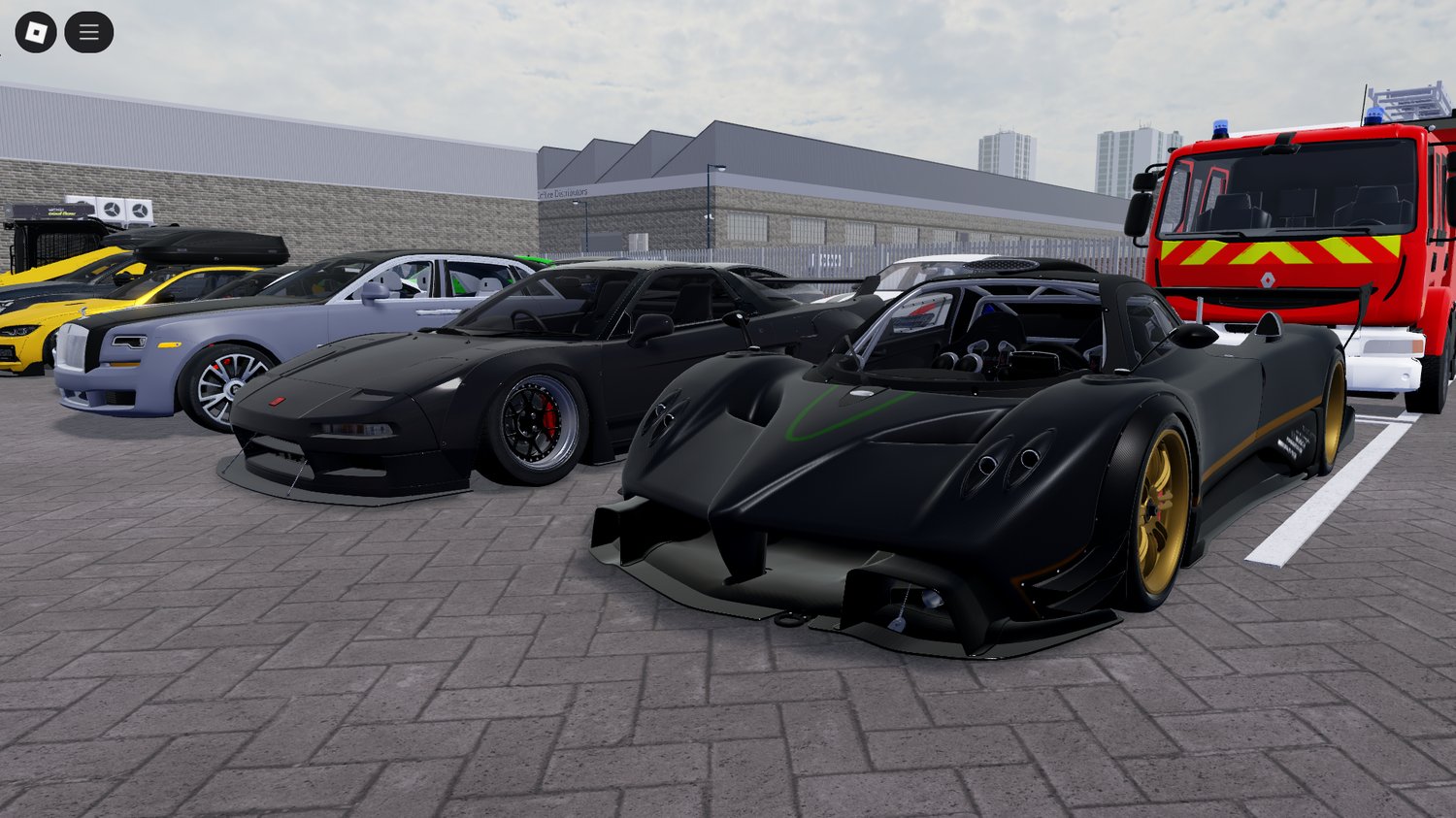 Sports cars from the pack lined up on a racing track in Roblox