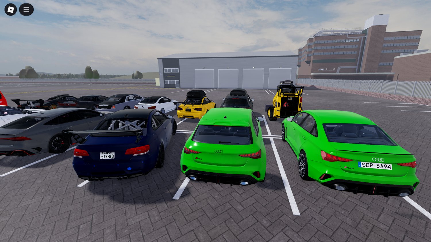 Sports and urban cars parked at a Roblox car meet