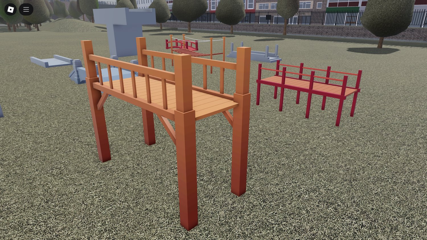 Overhead view of Roblox lowpoly bridges in a fantasy map