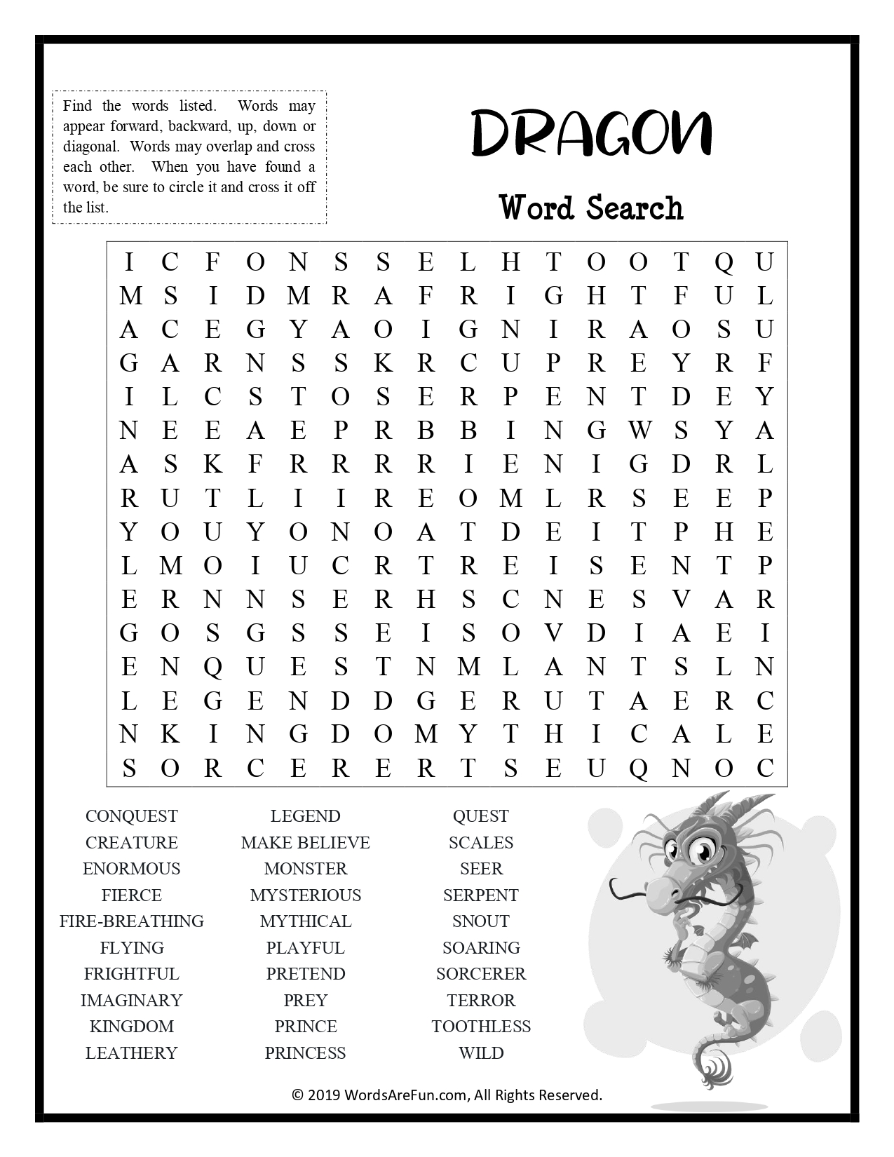 FREE Dragon Word Search Puzzle | Fantasy Mythical Creature Activity for ...