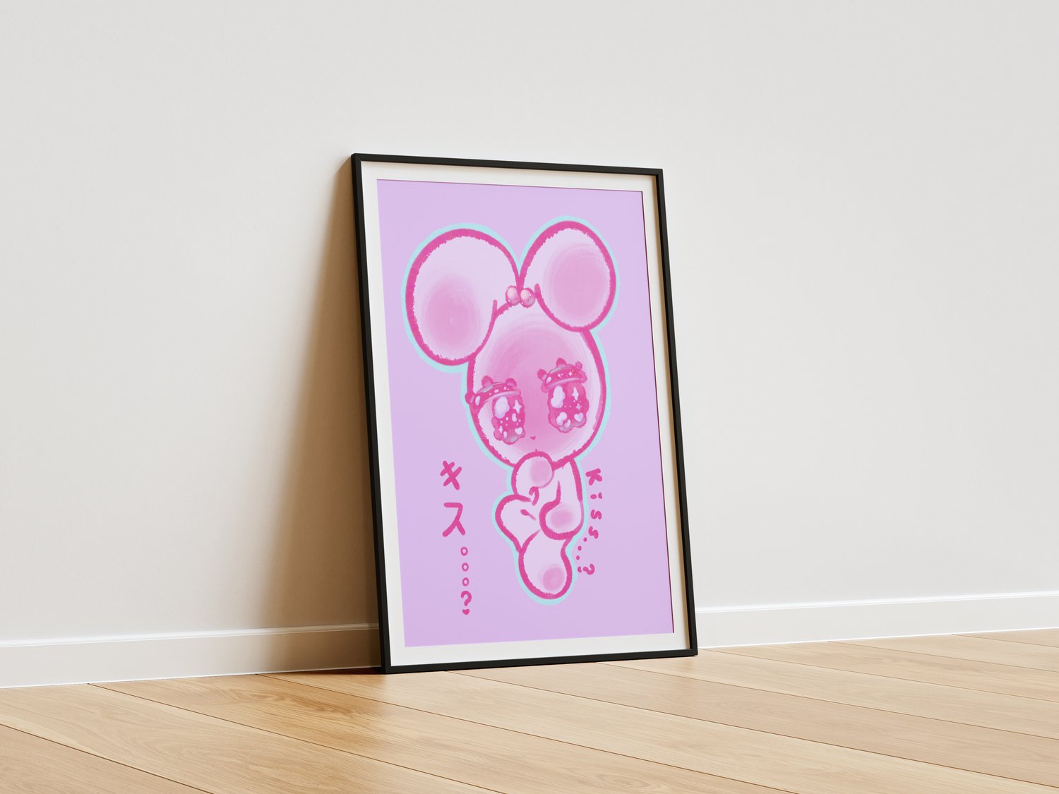 An illustration of a kawaii, white rabbit blushing with big anime eyes. Decorative, pink text in both English and Japanese reads “Kiss…?” The illustration is in a picture frame with a thin black border and is viewed from a side angle. It rests against a w