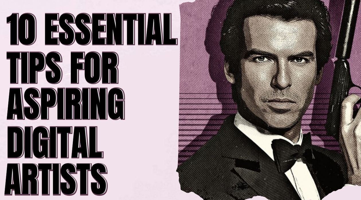 The image depicts a digital halftone pop art portrait of James Bond, framed against a purple grid circle, with "10 Essential Tips for Digital Artists" typed in bold.