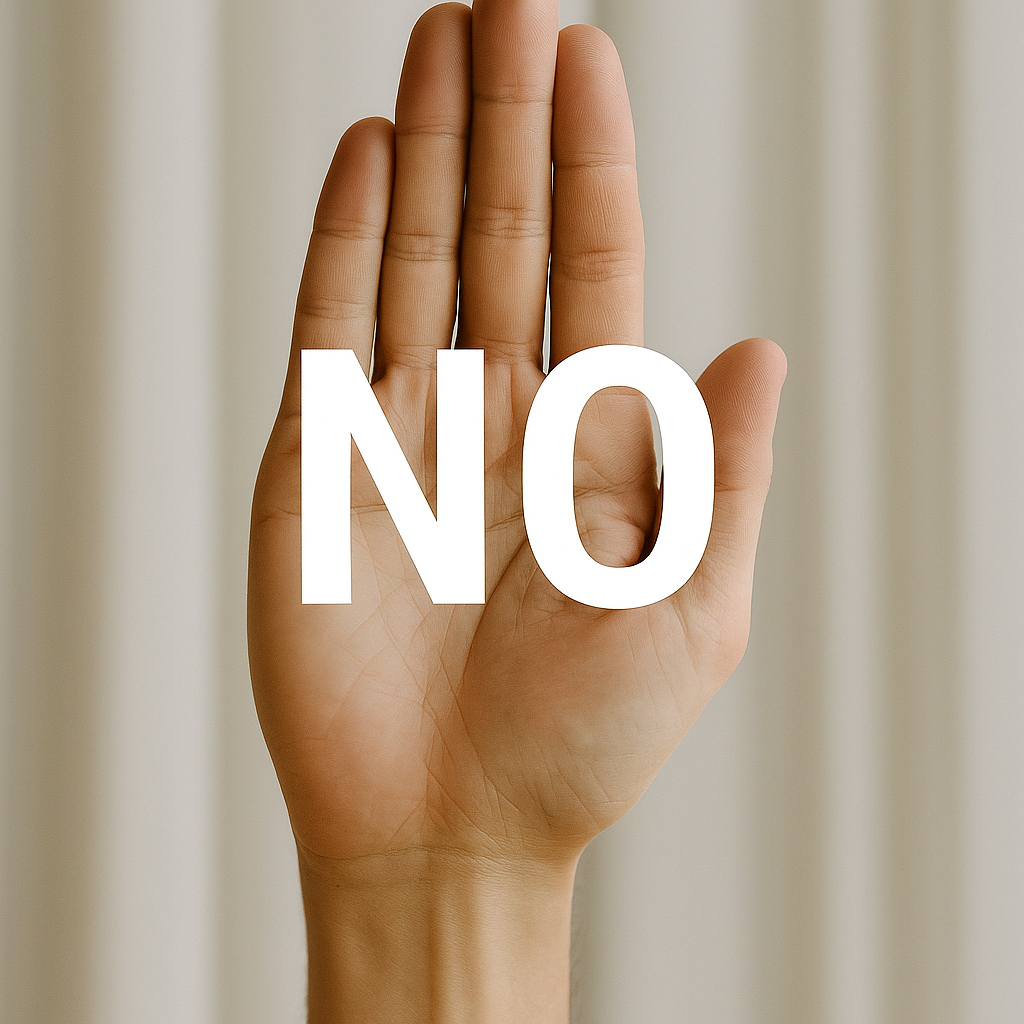 Minimalist graphic with the words ‘Just Say No’ symbolizing financial boundaries and empowerment in money decisions. Black-and-gold themed visual for a financial literacy blog - Eros Reclusion