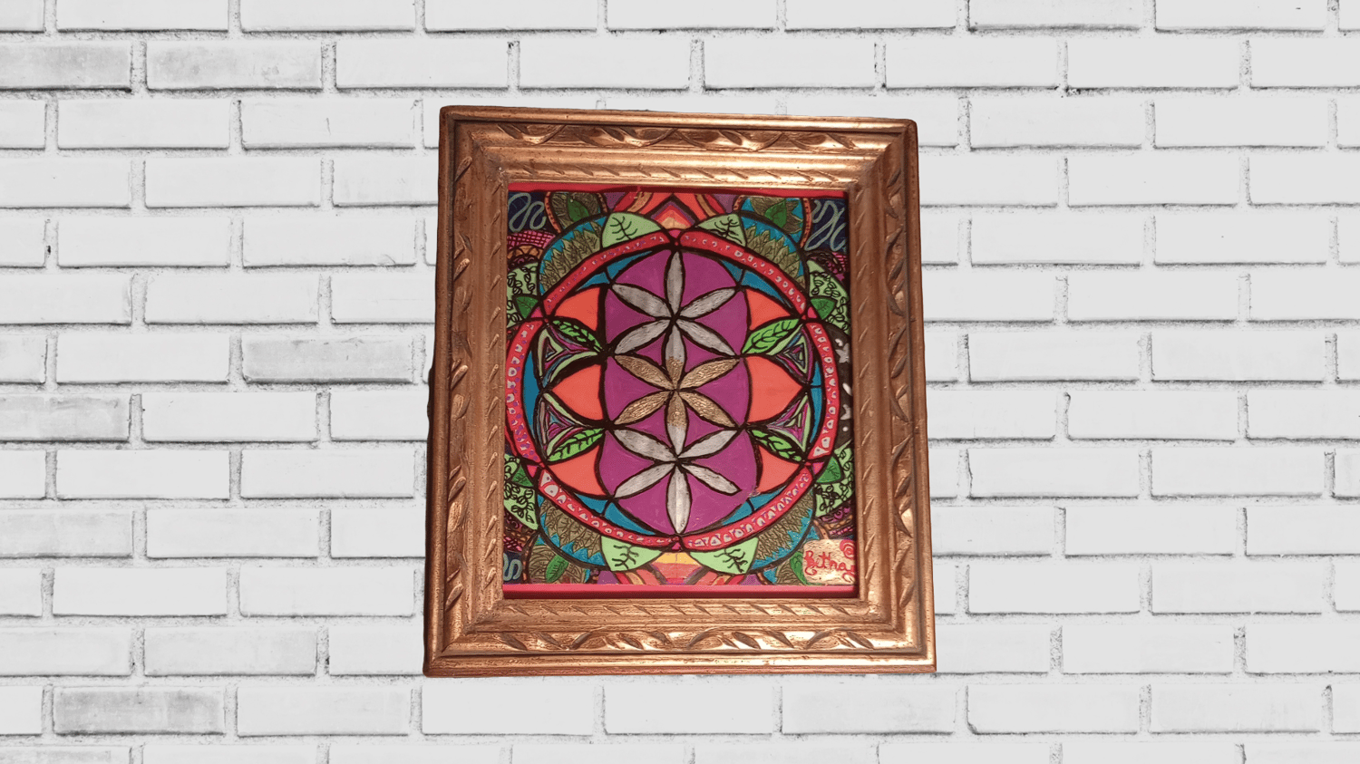 Fine art print of Flower of Life, a radiant mandala drawn with colored pencil and gold ink, symbolizing sacred geometry, healing, and meditation.