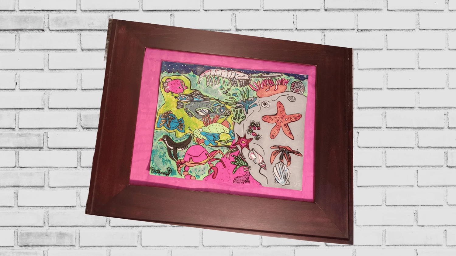 Fine art print of Coral Carnival, a neon-bright reef scene with coral, starfish, shells, and a skeletal fish against vivid fuchsia.