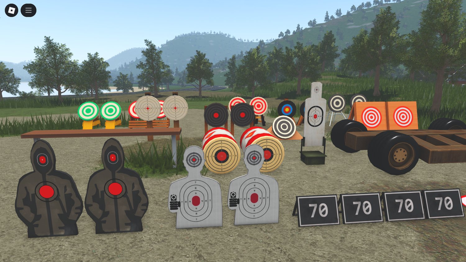 Bottles lined up for shooting practice in Roblox
