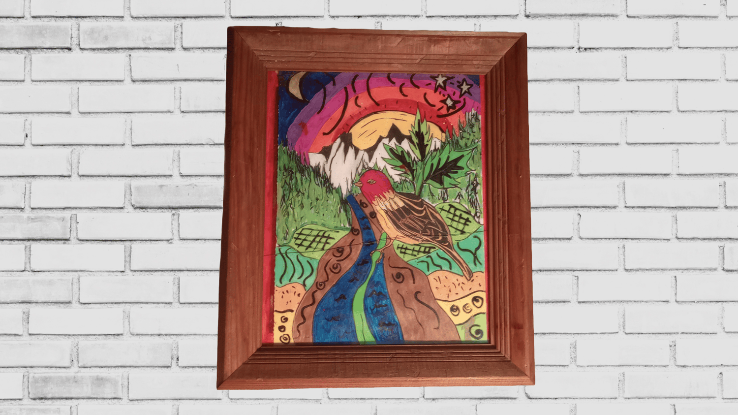 Fine art print of Solstice Song on Shaw, bird and acacia tree silhouetted against a tribal-bordered fuchsia sunset over Shaw Island.