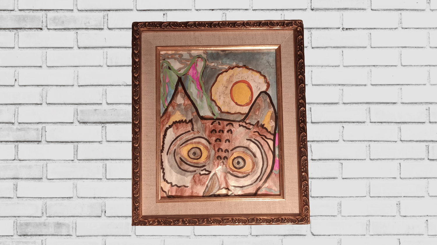 Owlspeak, close-up owl portrait with golden eyes in watercolor and ink.