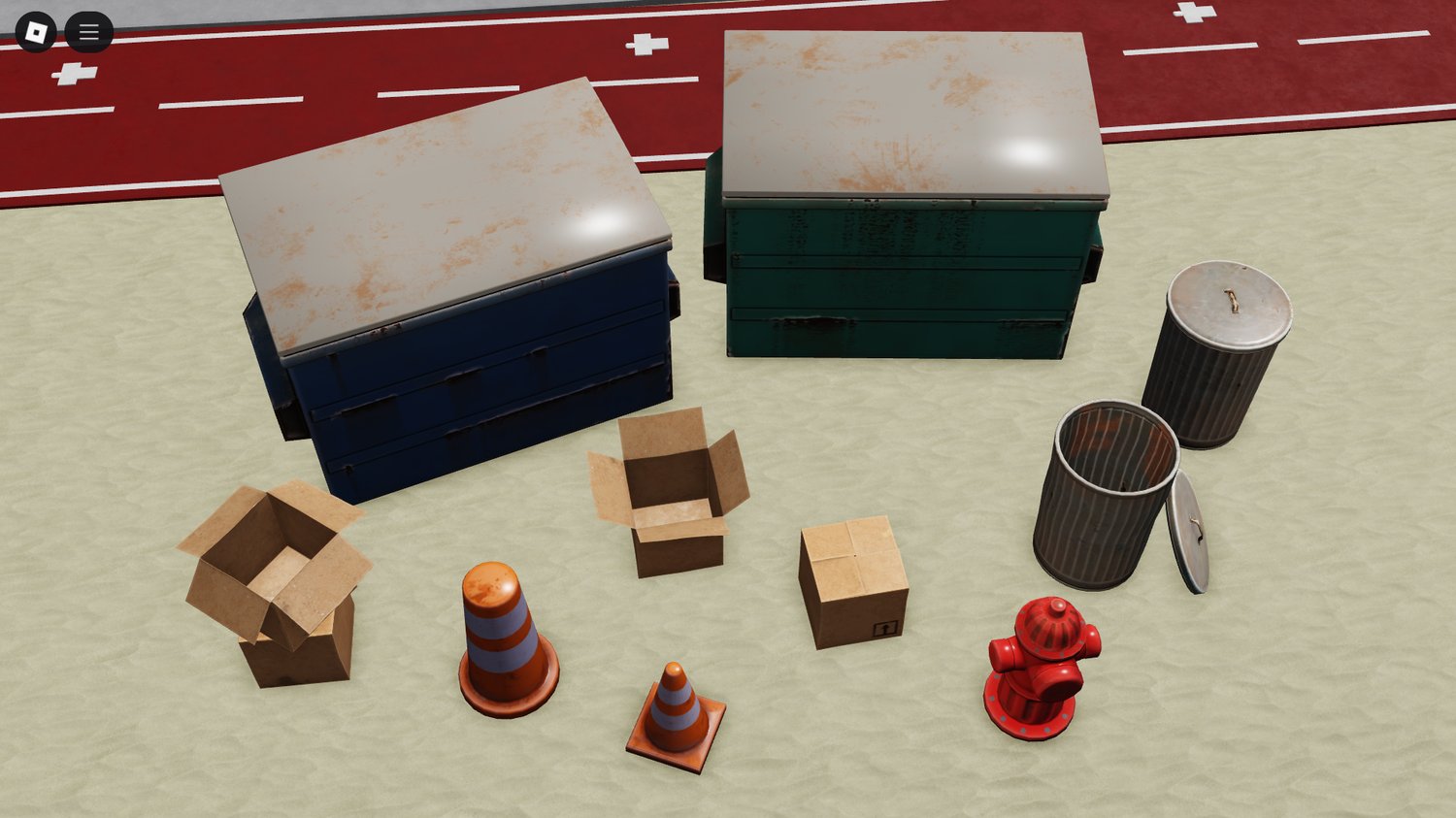 Sidewalk view with containers and trash