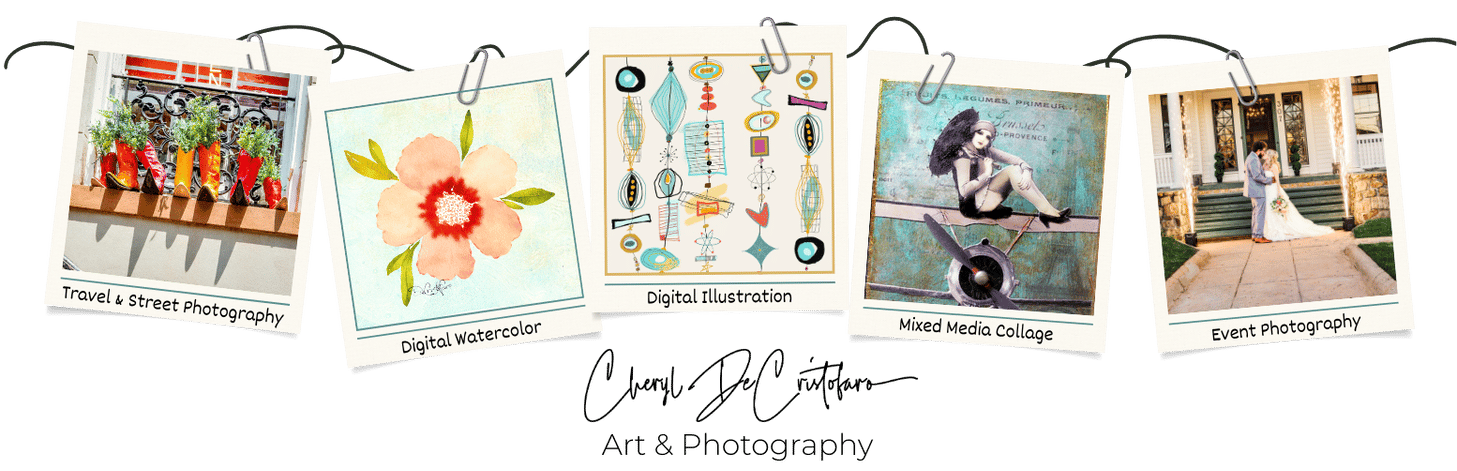 illustration of five polaroid prints, each with a different type of art: photography, digital illustration, watercolor paintings