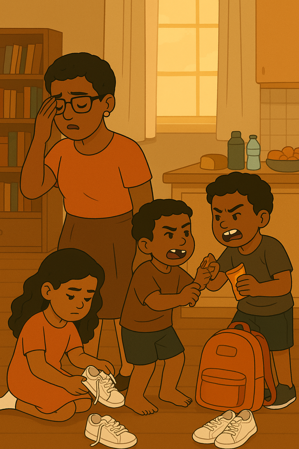 A digital illustration of a chaotic school morning shows a stressed mother with short hair, glasses, and earrings looking overwhelmed as her two young sons argue over snacks and her daughter sits on the floor deciding between pairs of white gym shoes. The