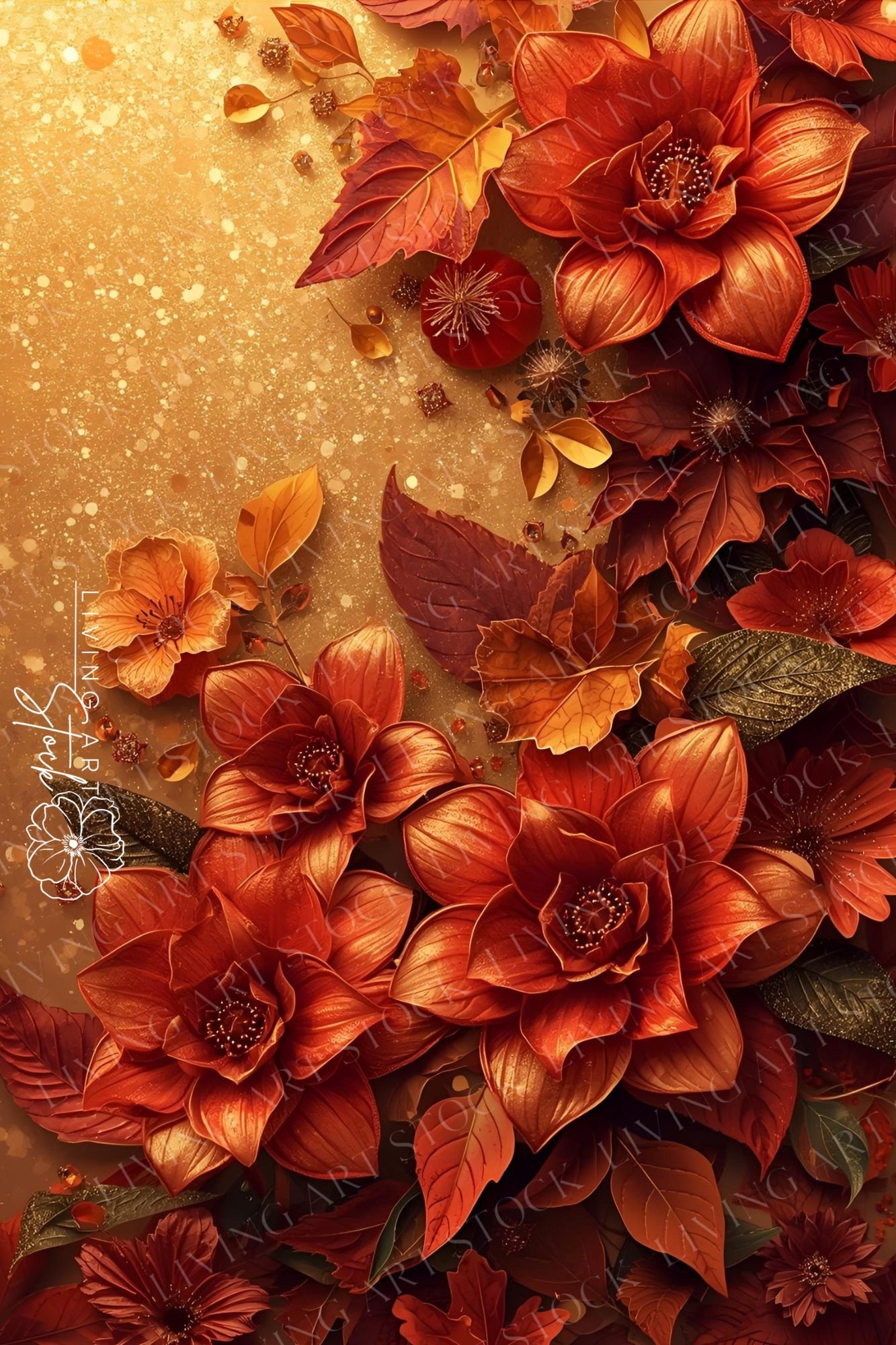 3D Autumn gold glitter Floral wallpaper
