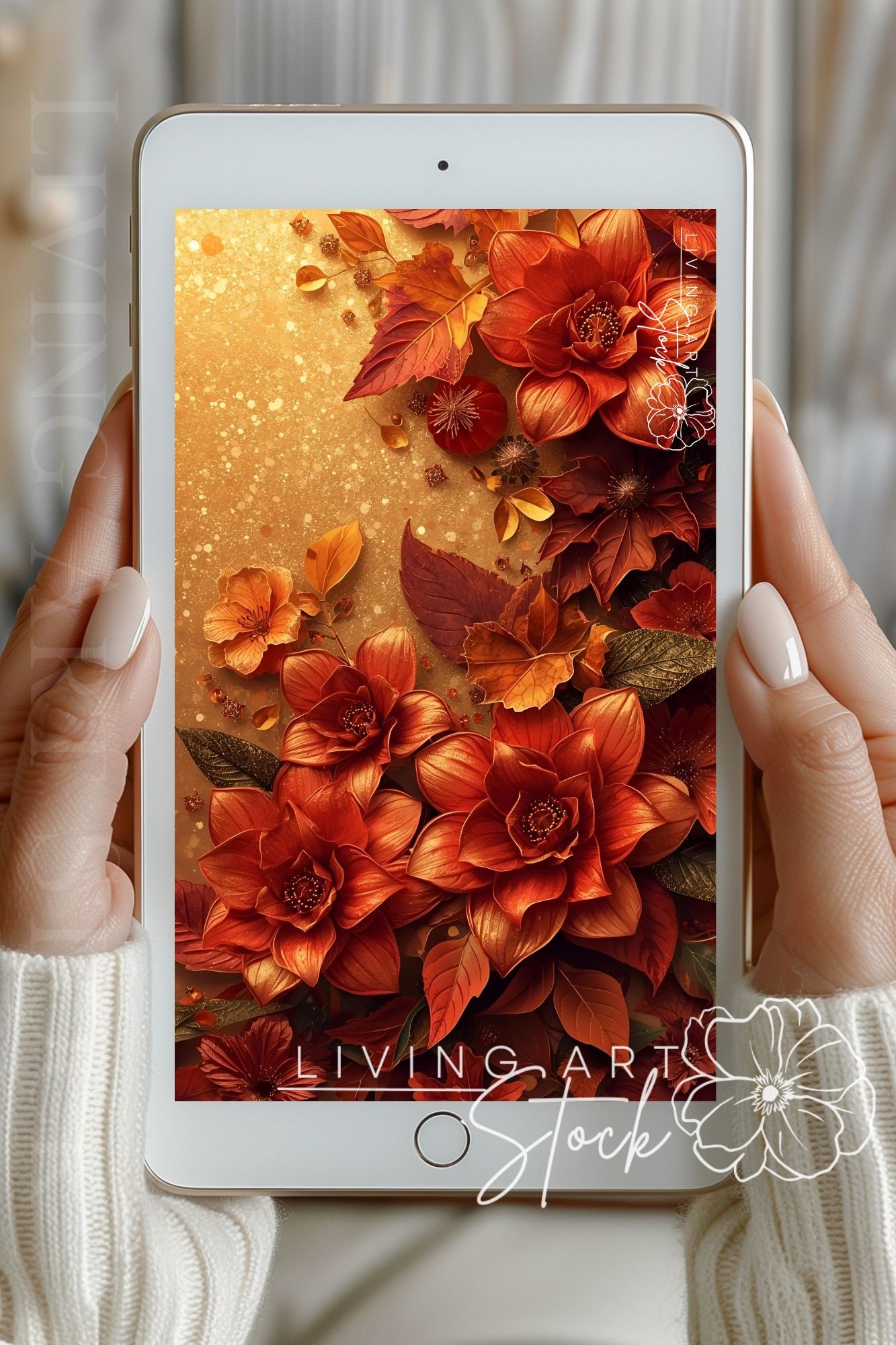 3D Autumn gold glitter Floral wallpaper