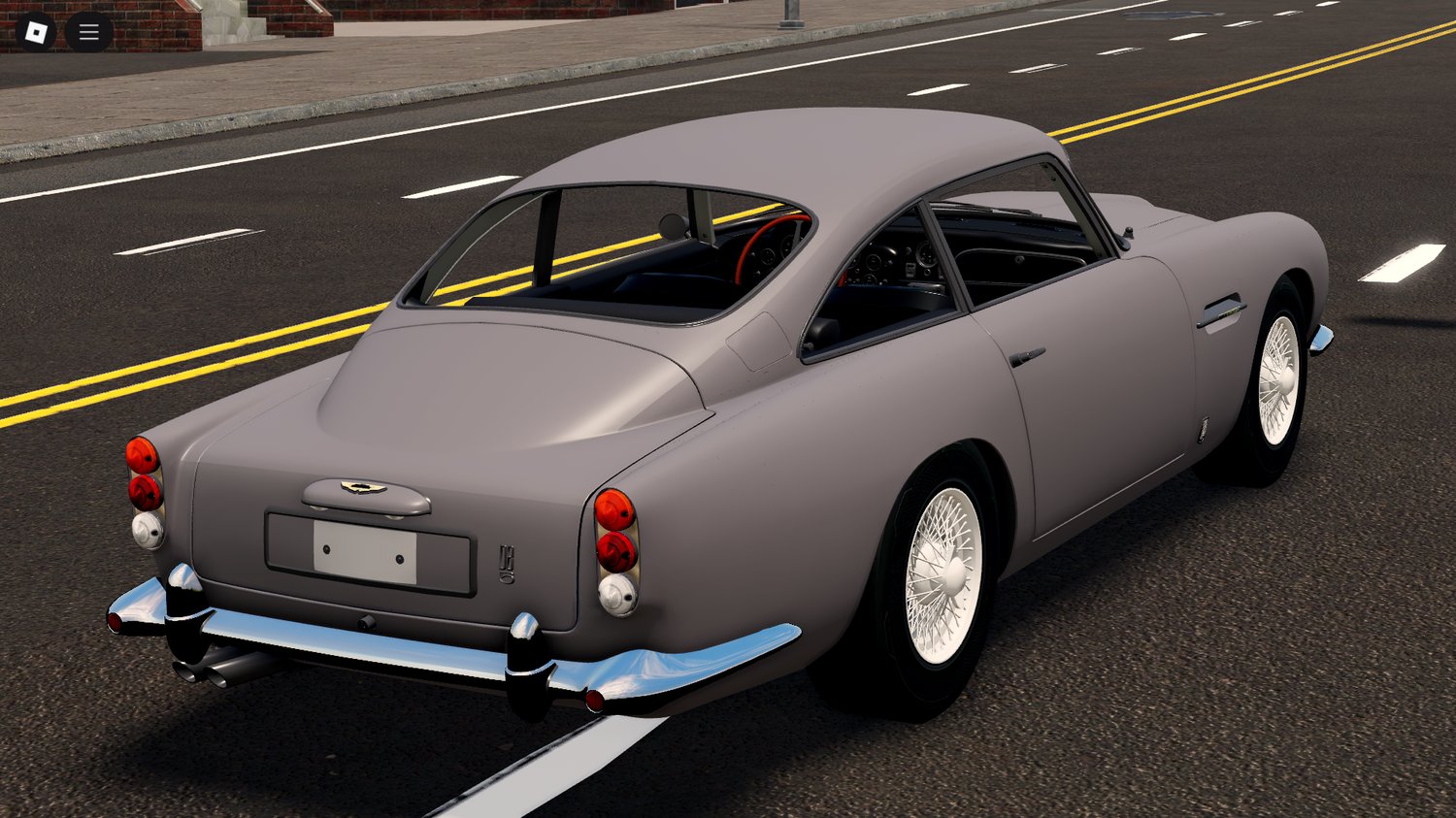 Player driving Aston DB5 in Roblox city map