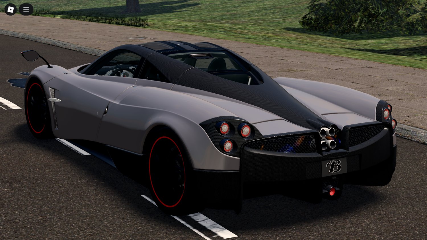 Player driving Pagani Huayra hypercar in Roblox