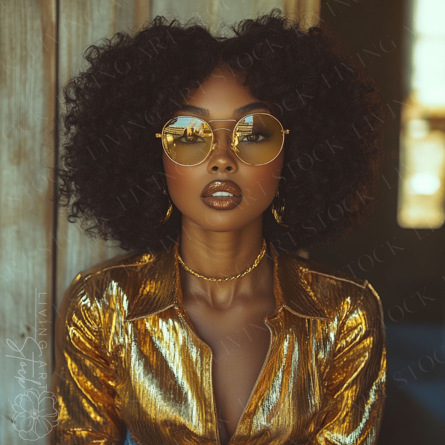 Stylish black woman wearing metallic gold fashion with curly afro