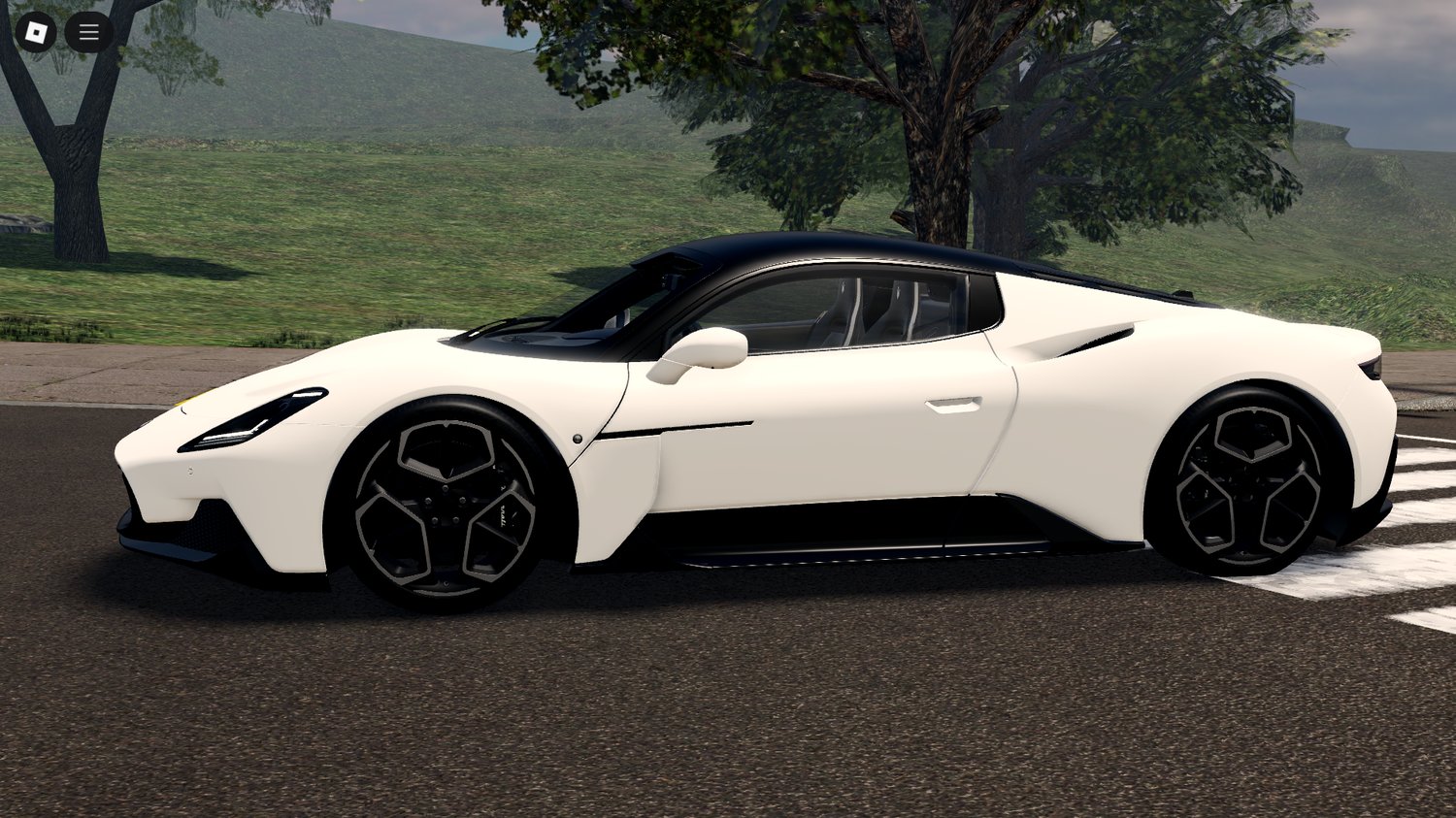 Player driving Maserati MC20 in Roblox city map