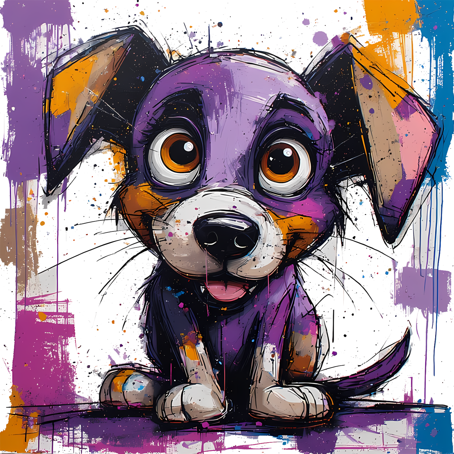 Whimsical Pop Art image of a puppy in hues of purple, gold, teal