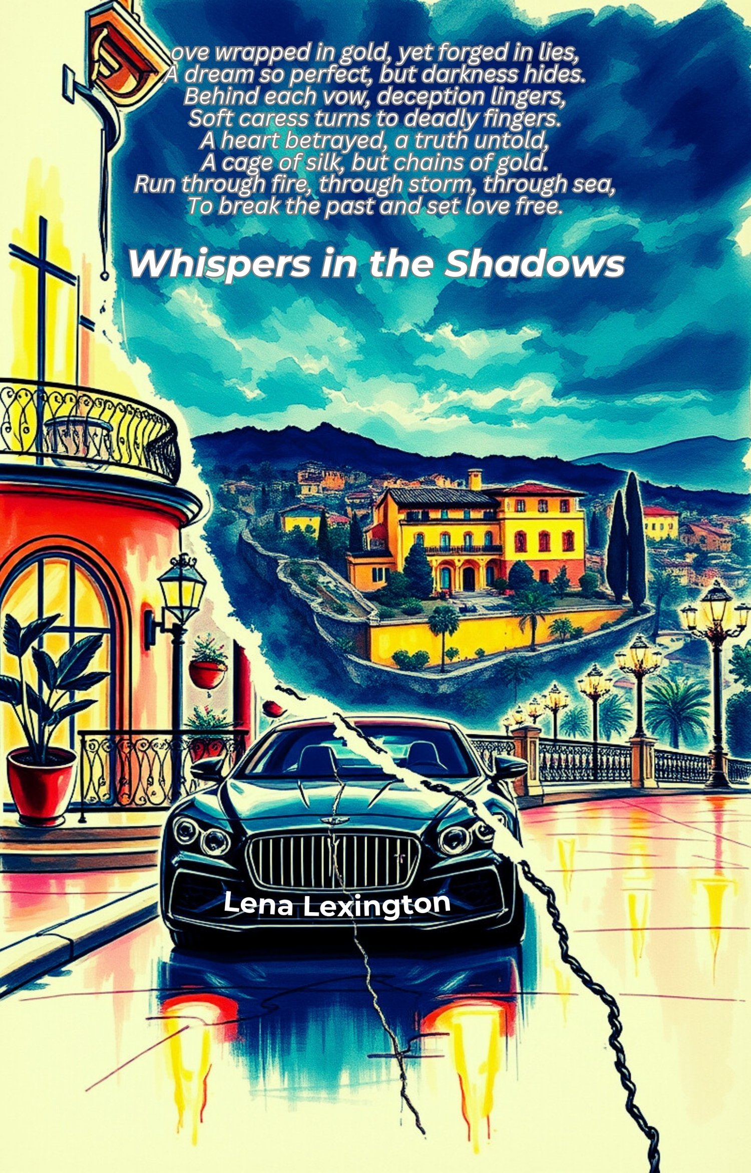 Illustrated book cover for Whispers in the Shadows by Lena Lexington, featuring a luxury black car in the foreground against a vibrant Mediterranean villa and a dramatic sky, with a poem above