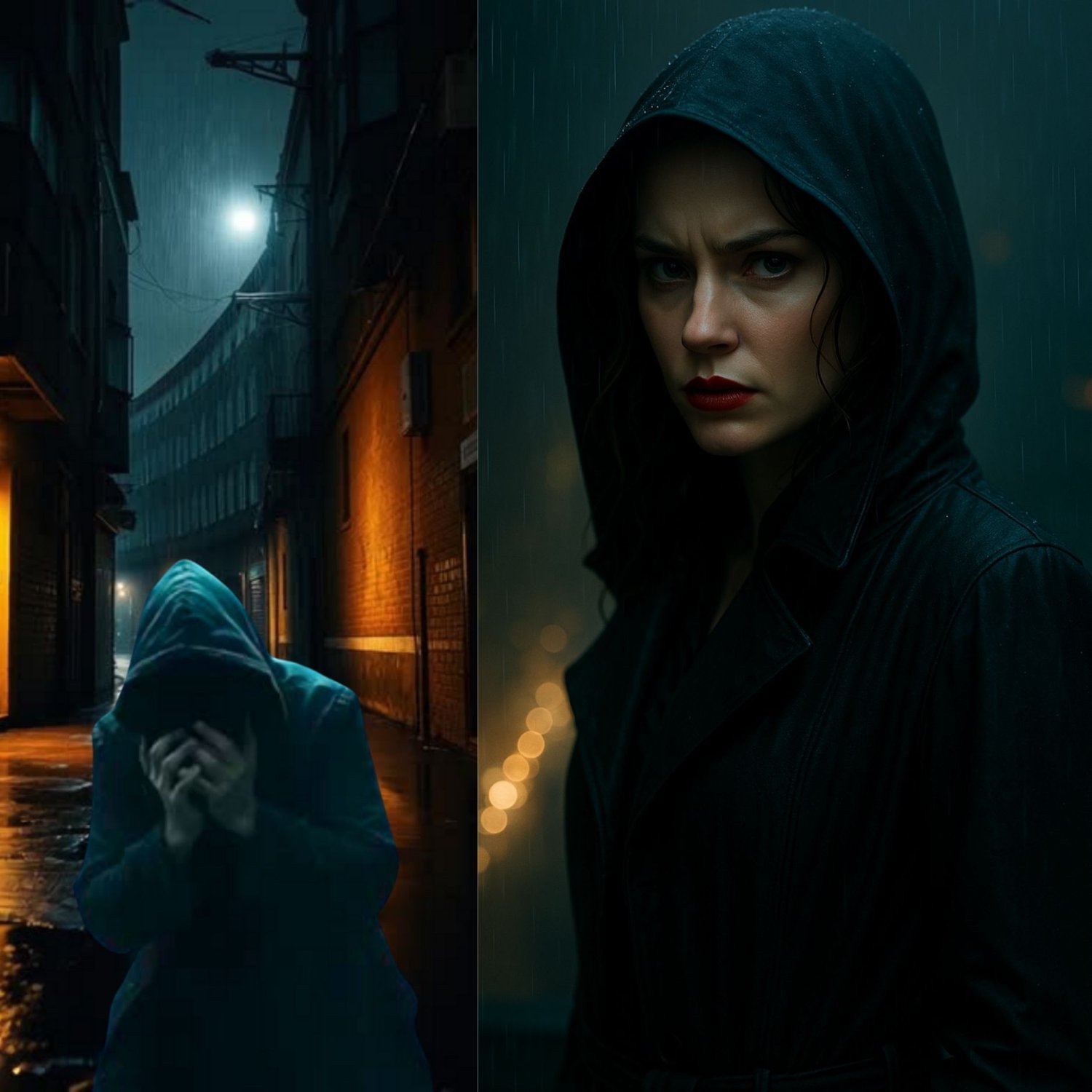 Split image of a distraught hooded figure in a dark, rainy alley and an angry hooded woman staring straight forward.