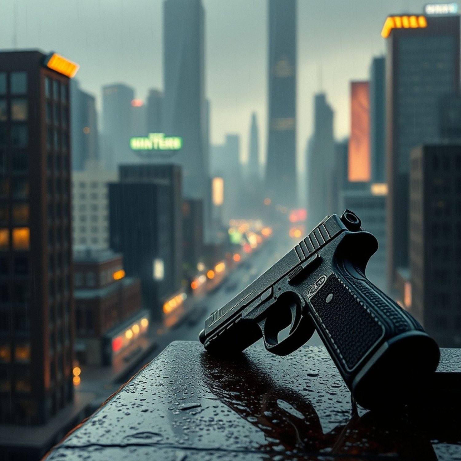 A handgun resting on a wet, dark surface overlooking a blurred, rainy city skyline.
