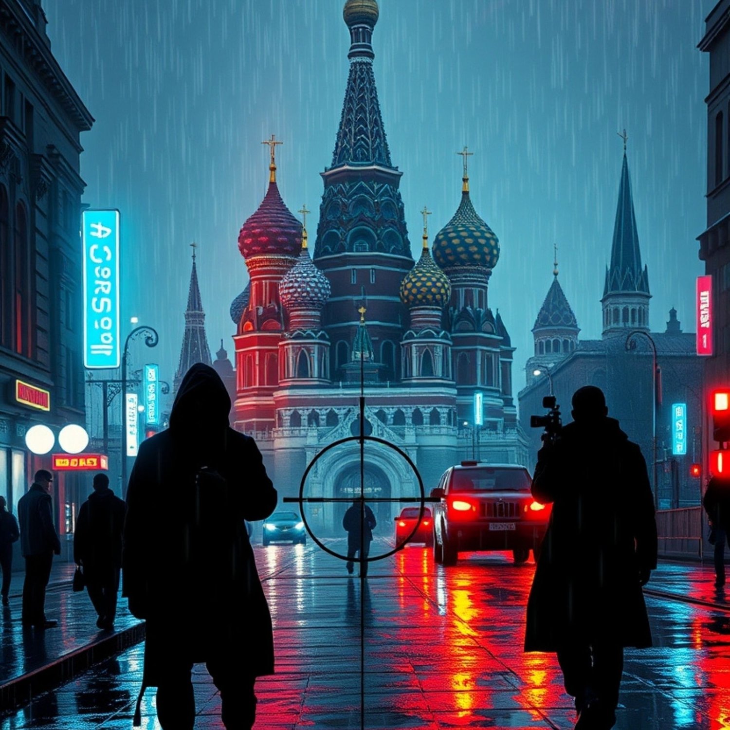 Target in crosshairs on a wet, neon street with a Russian cathedral background.