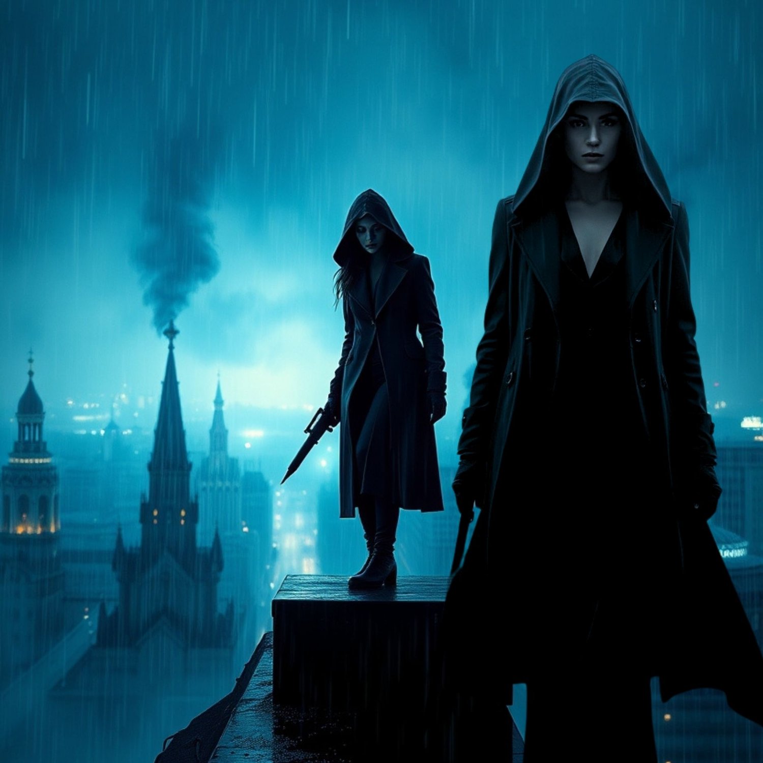 Two women in dark, hooded trench coats stand on a rooftop in the heavy rain overlooking a dimly lit city skyline at night.
