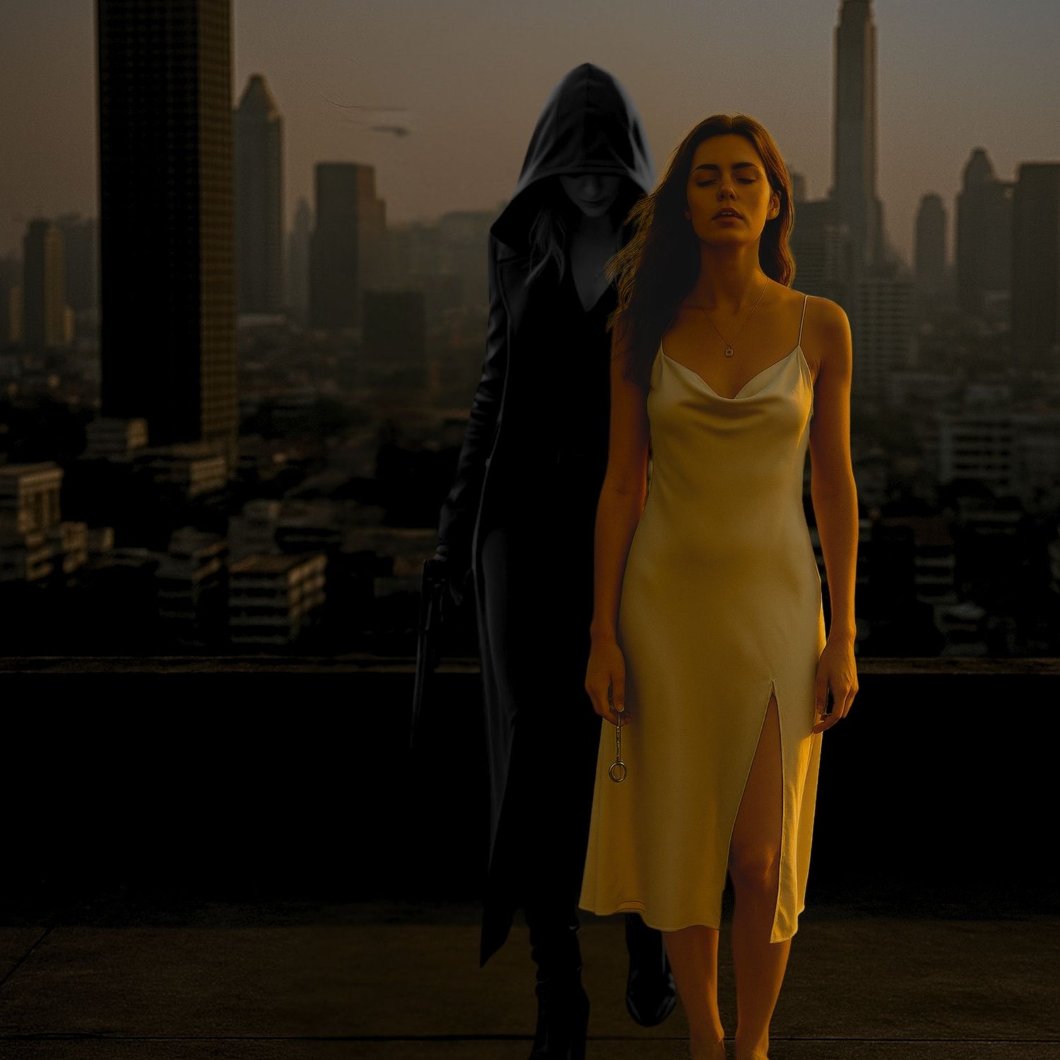 Woman in a satin slip dress on a rooftop at sunset, with a hooded figure standing close behind her.