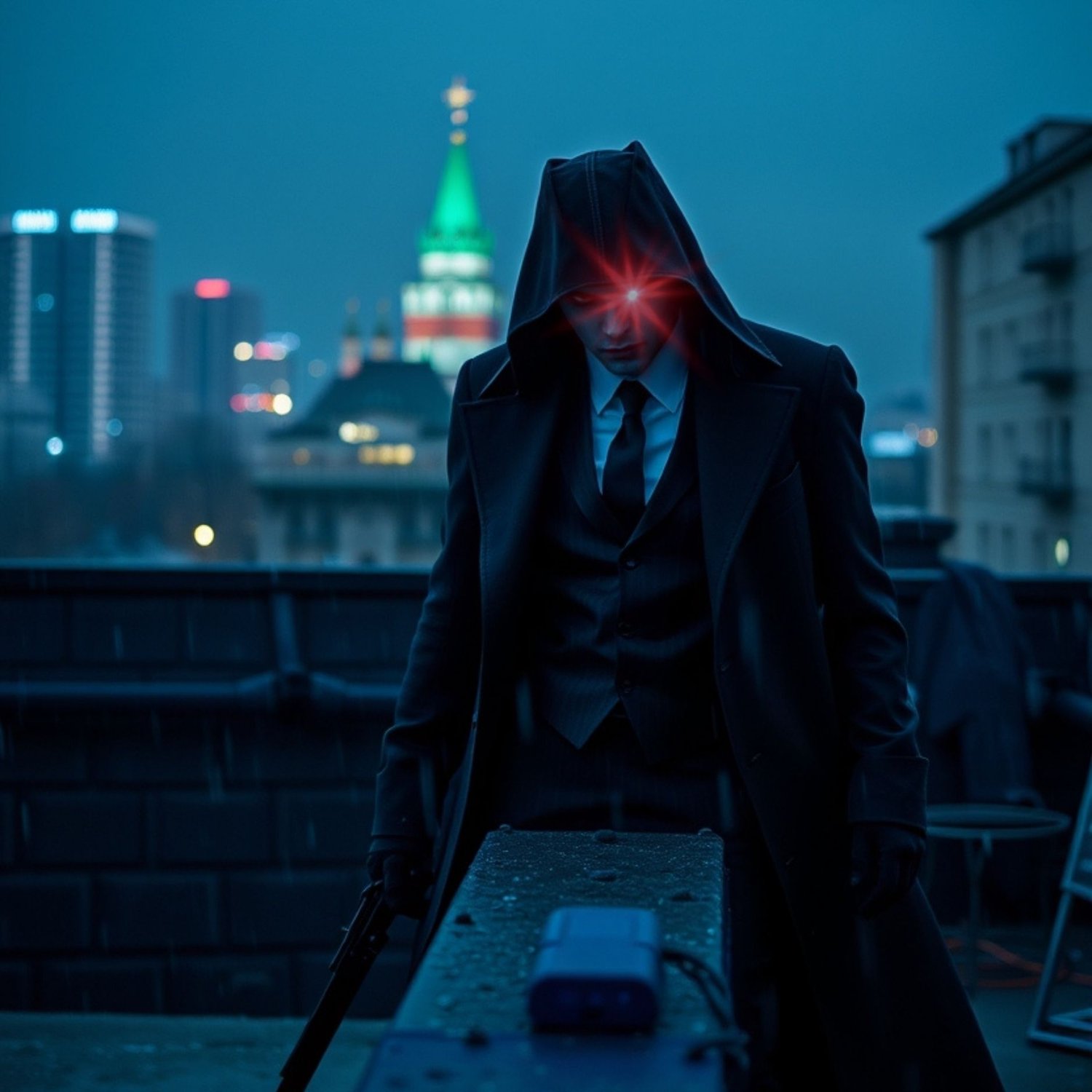 A mysterious man in a suit, trench coat, and hood stands on a dark, wet rooftop.