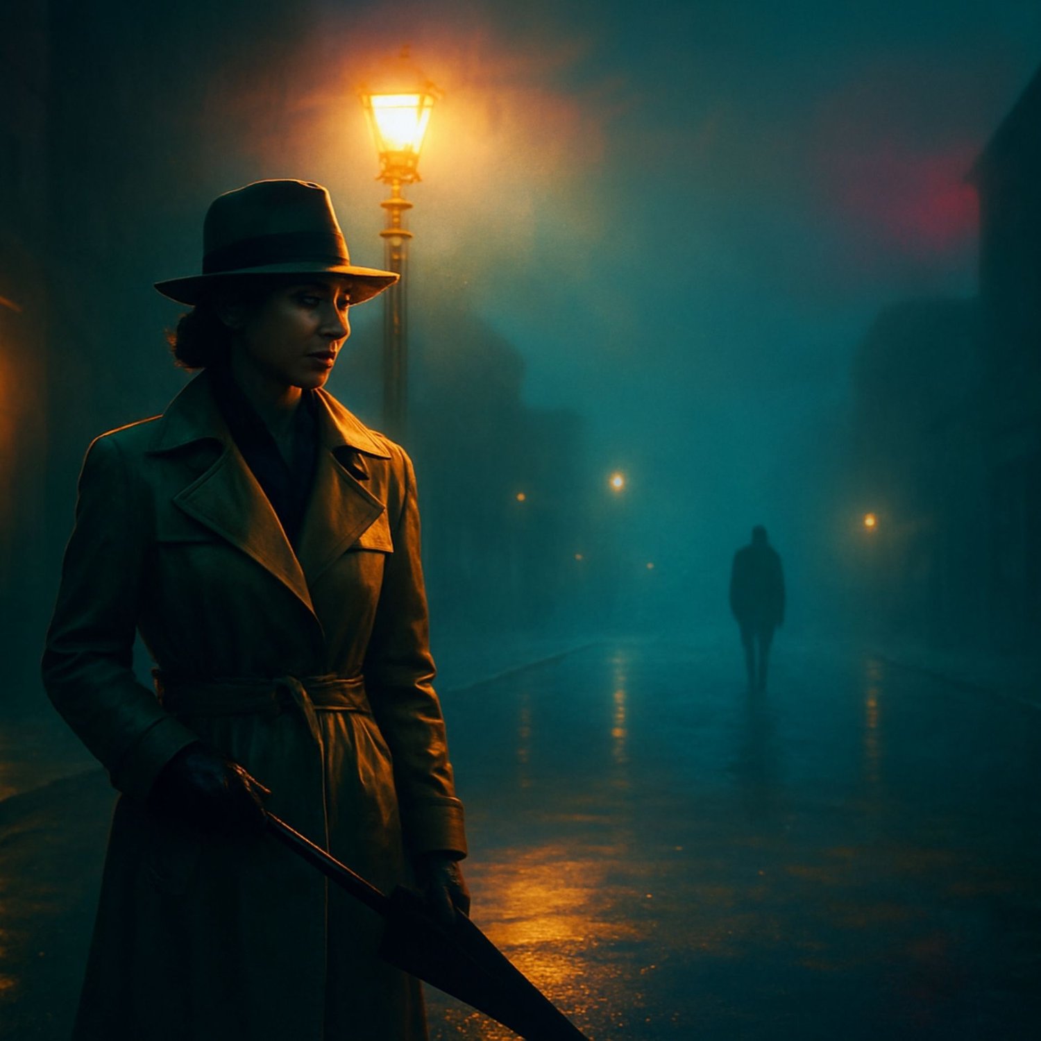 Woman in a trench coat and fedora holding an umbrella stands under a streetlamp on a foggy, rain-soaked street, with a shadowy figure walking in the distance.