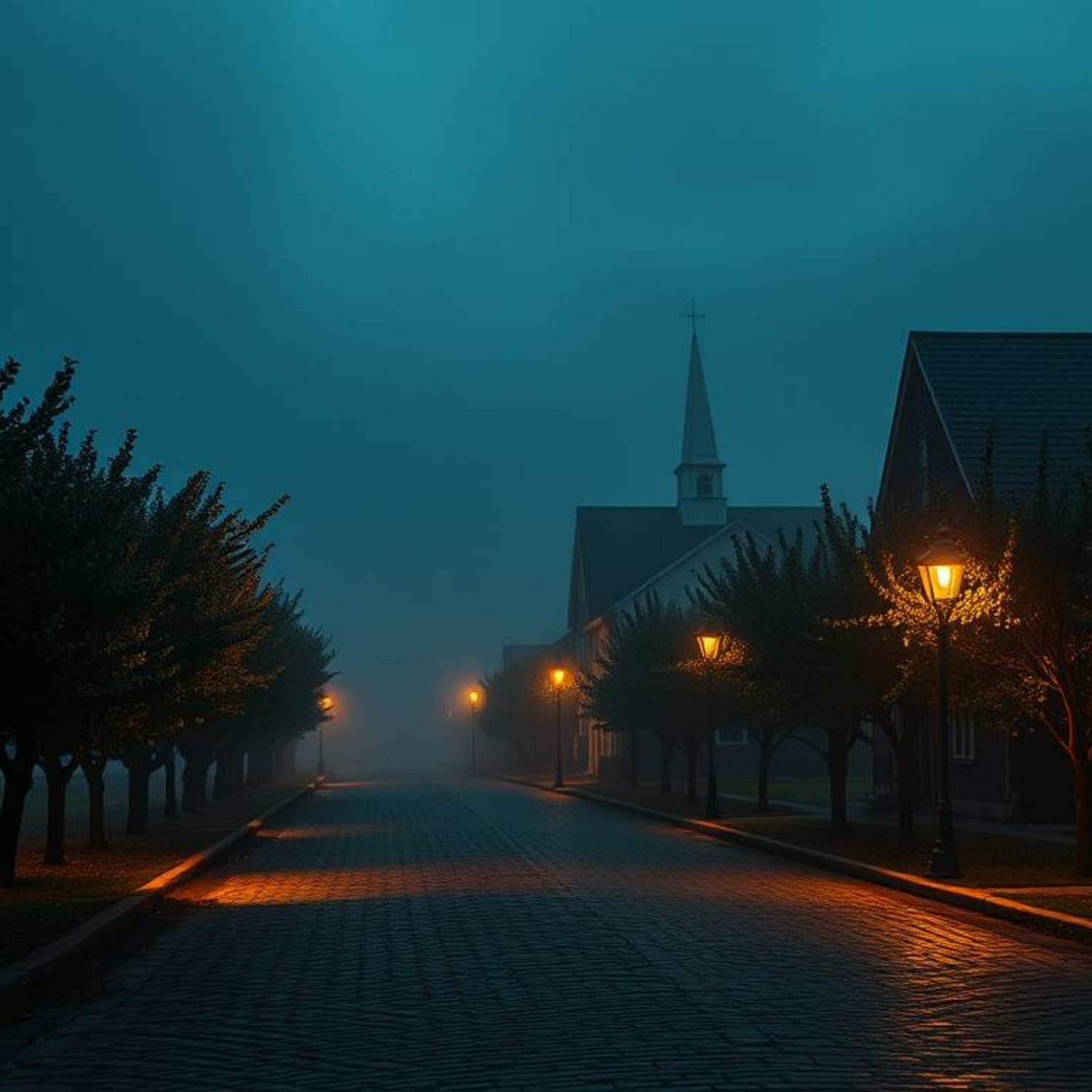 Foggy night on a cobblestone street with warm streetlights, trees, and a church spire against a dark blue sky.