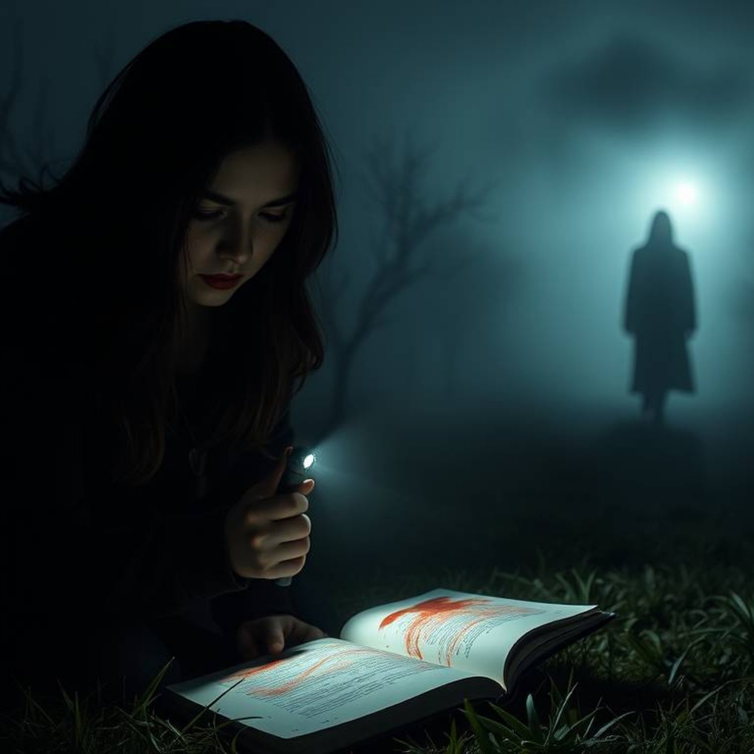 Dark, foggy scene. A woman reads a bloody book by flashlight while a menacing shadow figure watches from the mist.