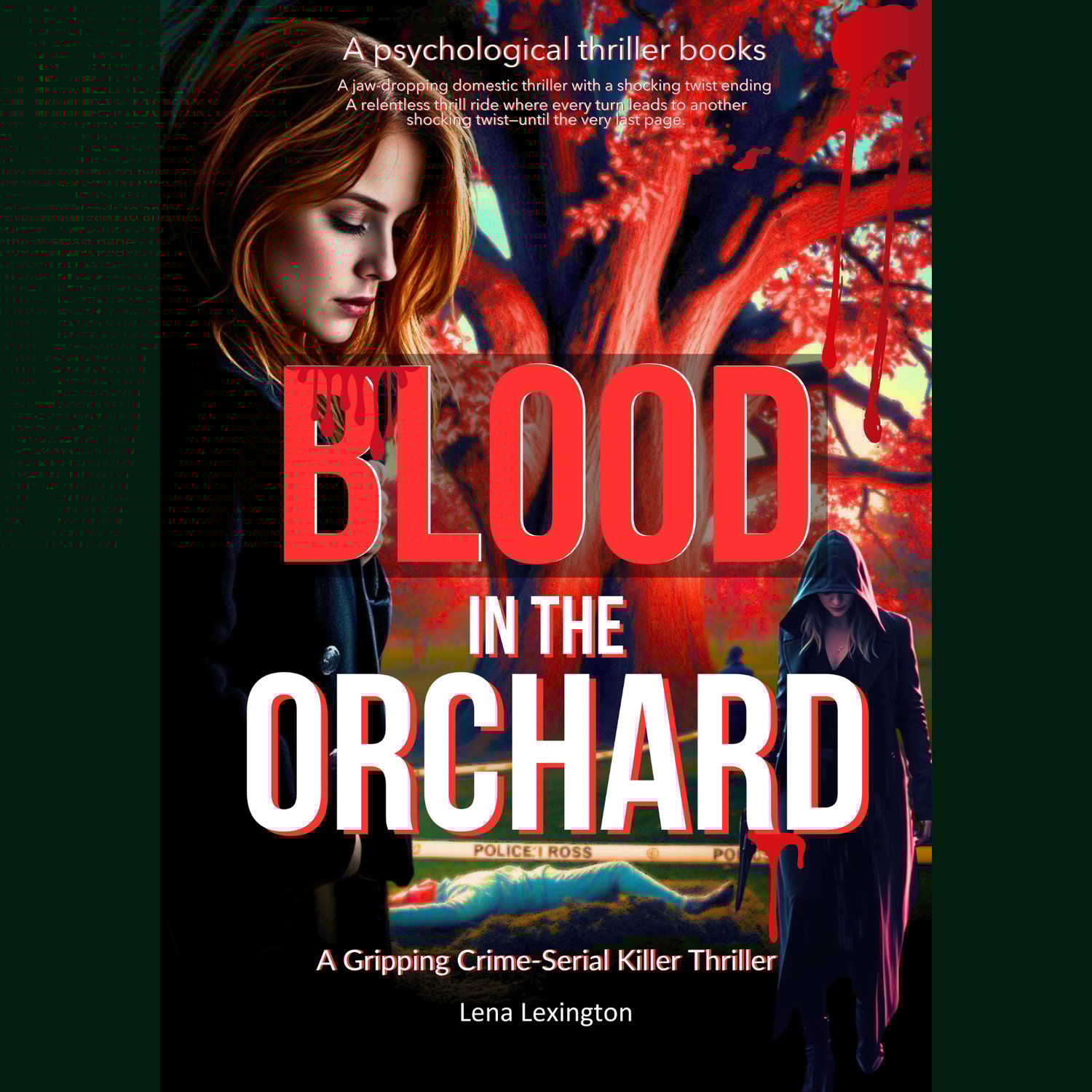 Book cover for Blood in the Orchard by Lena Lexington, showing a woman and a hooded figure near a body under a red tree.