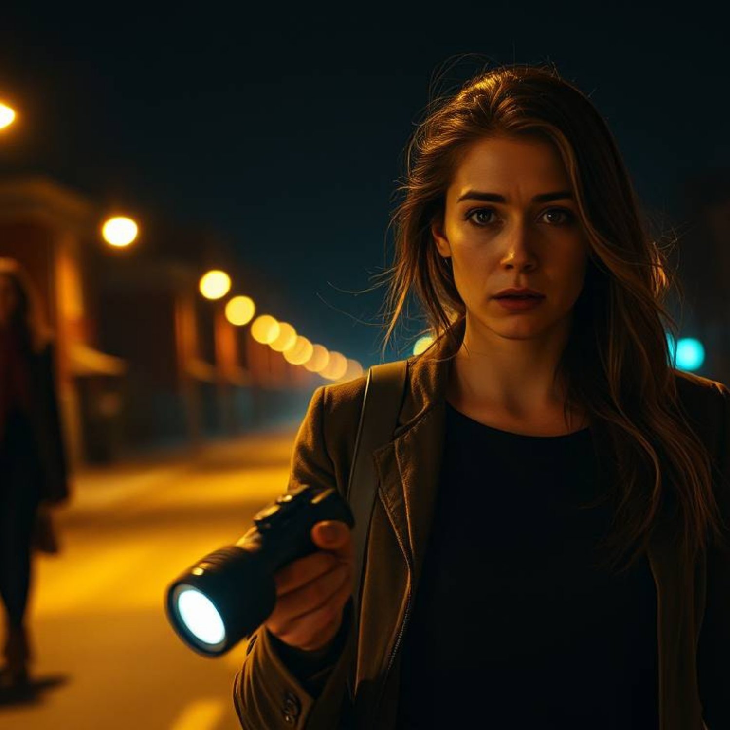 Woman with a worried face holding a flashlight on a dark street with glowing yellow lamps stretching behind her.