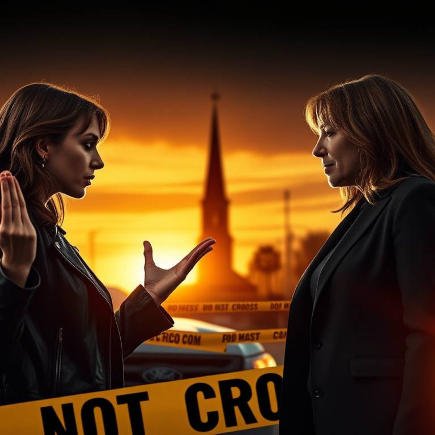 Two women argue intensely over police tape at a crime scene during a bright sunset, with a church spire visible in the background.