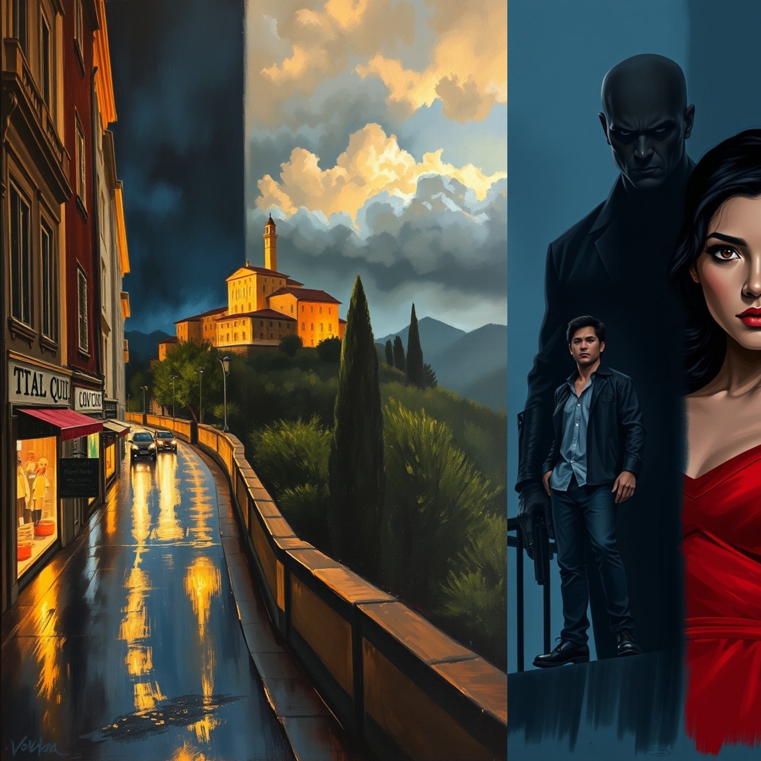 An urban street scene at night, with a wet road reflecting the city lights.