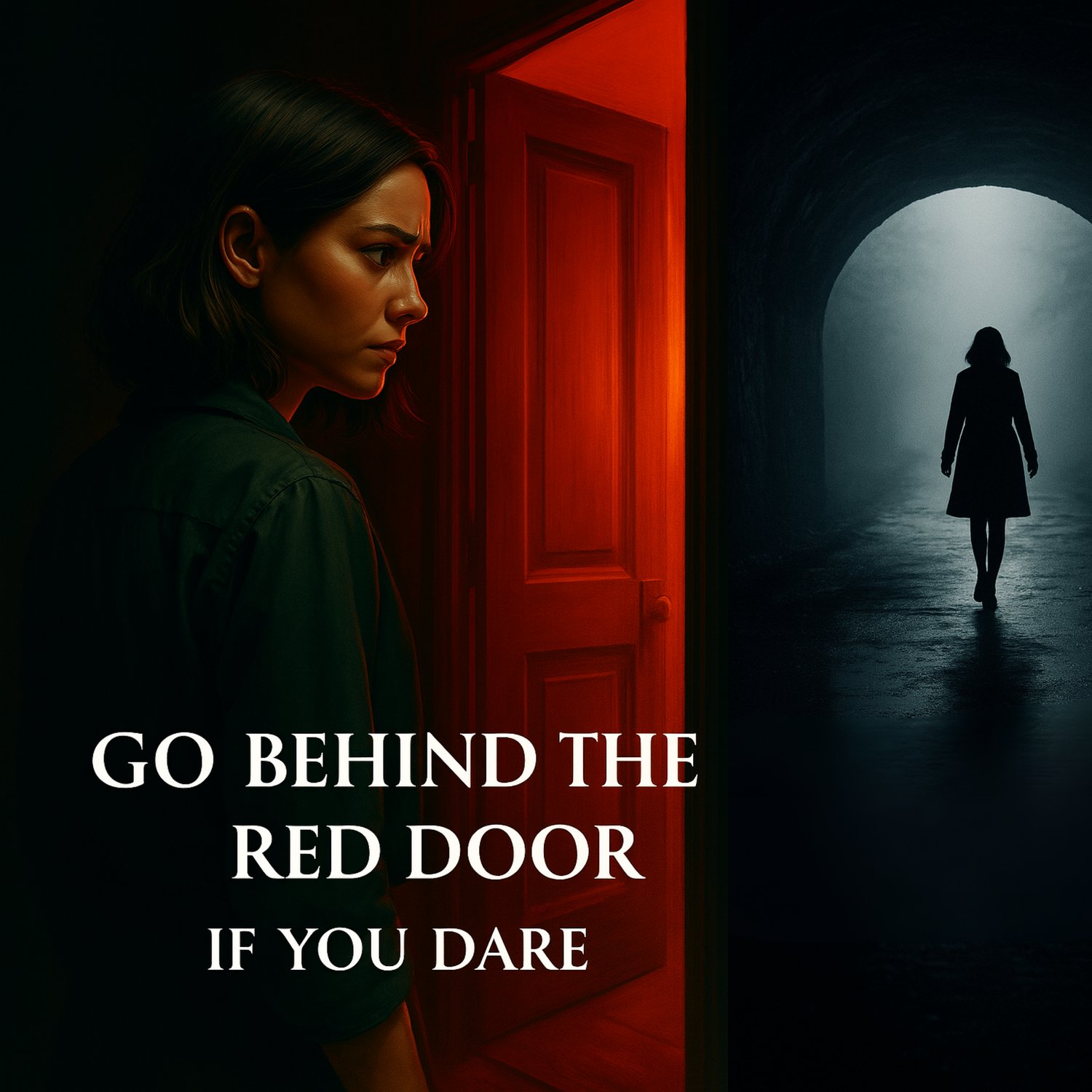 A woman stands hesitantly before a brightly lit, open red door, which leads to a dark, misty tunnel where a silhouette of another woman is walking away. Text reads: GO BEHIND THE RED DOOR IF YOU DARE