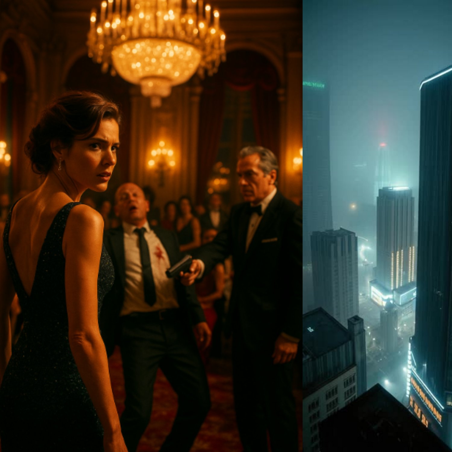 A split image: On the left, a woman in an evening gown looks back as a man points a gun at a bleeding man in a tuxedo in a chandeliered ballroom. On the right, a foggy cityscape with glowing skyscrapers.