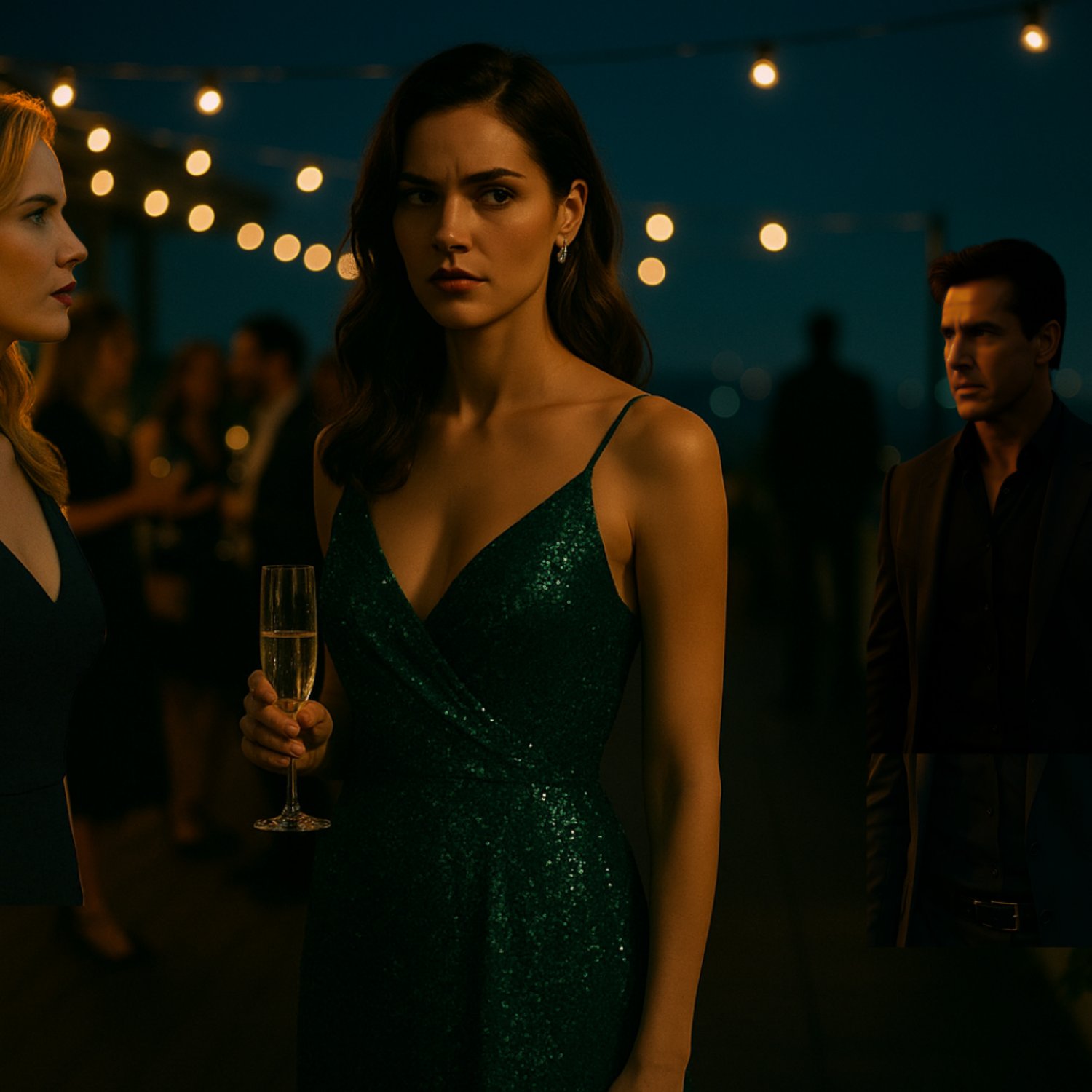 A woman in a sparkling green dress holding a glass of champagne, looking serious at an evening party with string lights and a man in a black suit standing in the background.