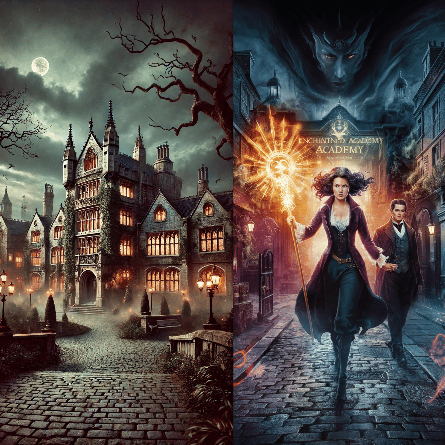 Haunted academy with a magical woman and man walking through a glowing street