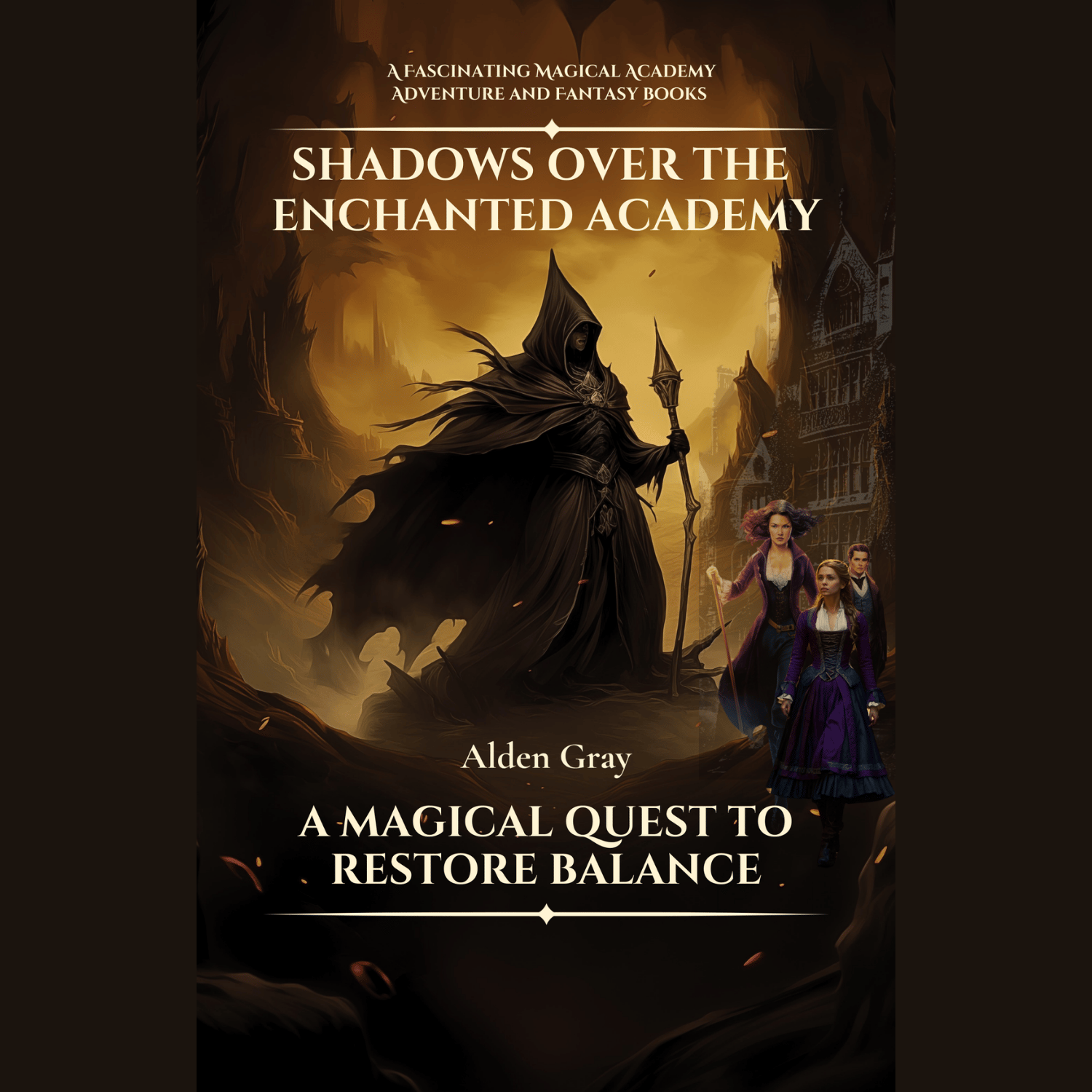 Fantasy cover with a dark mage and two young adventurers.