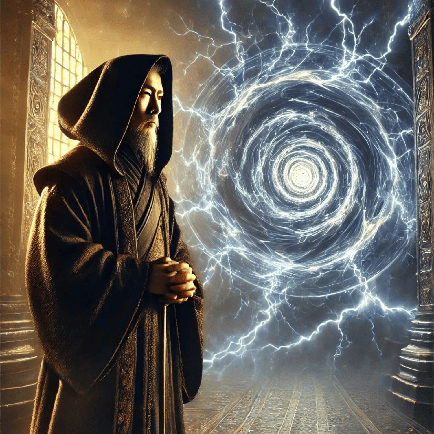 Robe-clad figure facing a swirling lightning portal.