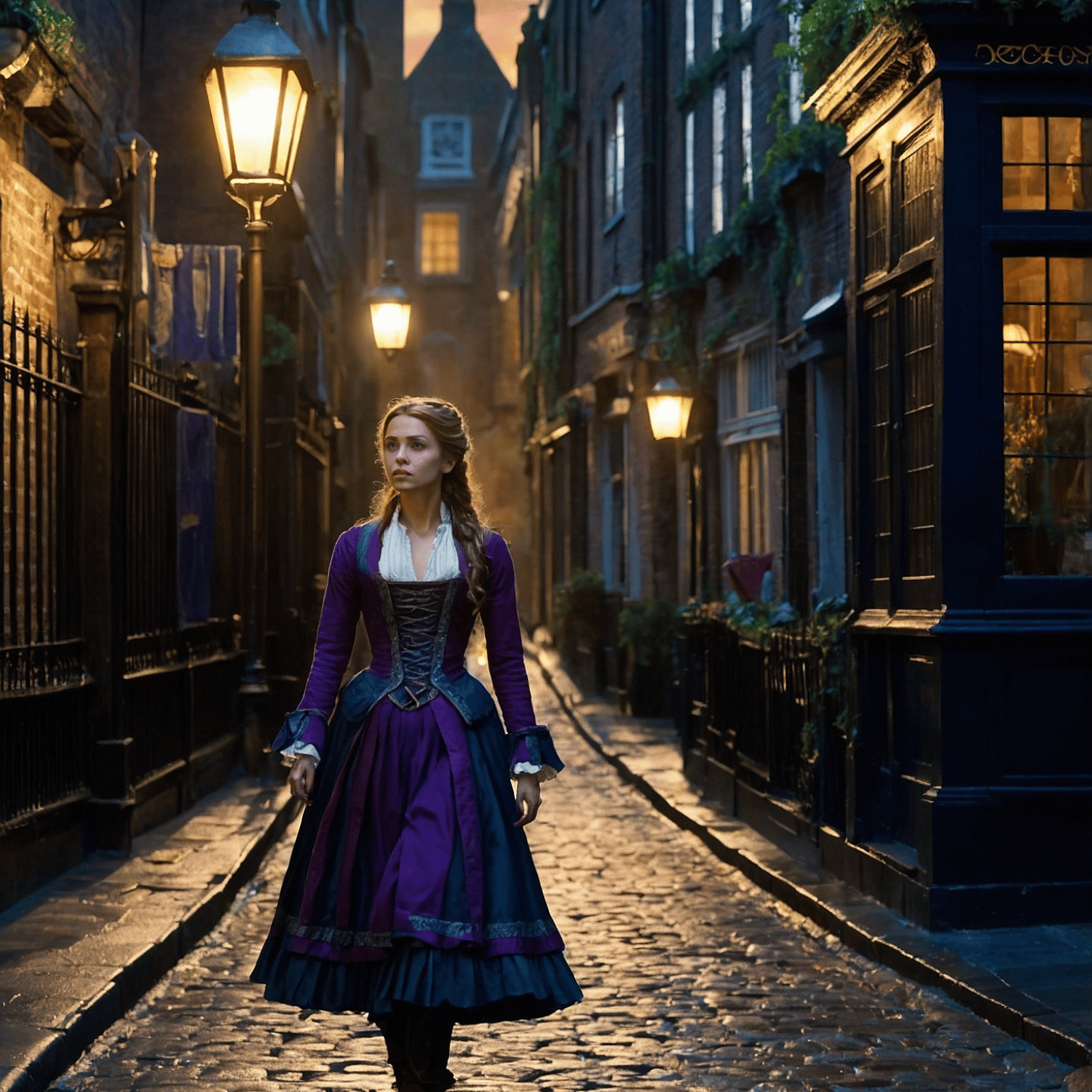 Woman in a purple Victorian-style dress walking alone on a lamplit cobblestone street
