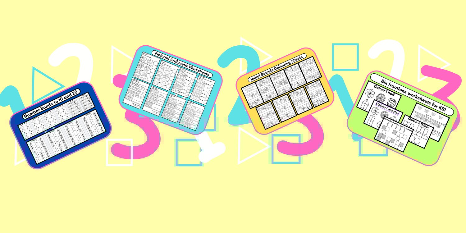 numbers 123 on a yellow background. 4 images showing worksheets for number bonds, arithmetic, alphabet and fractions