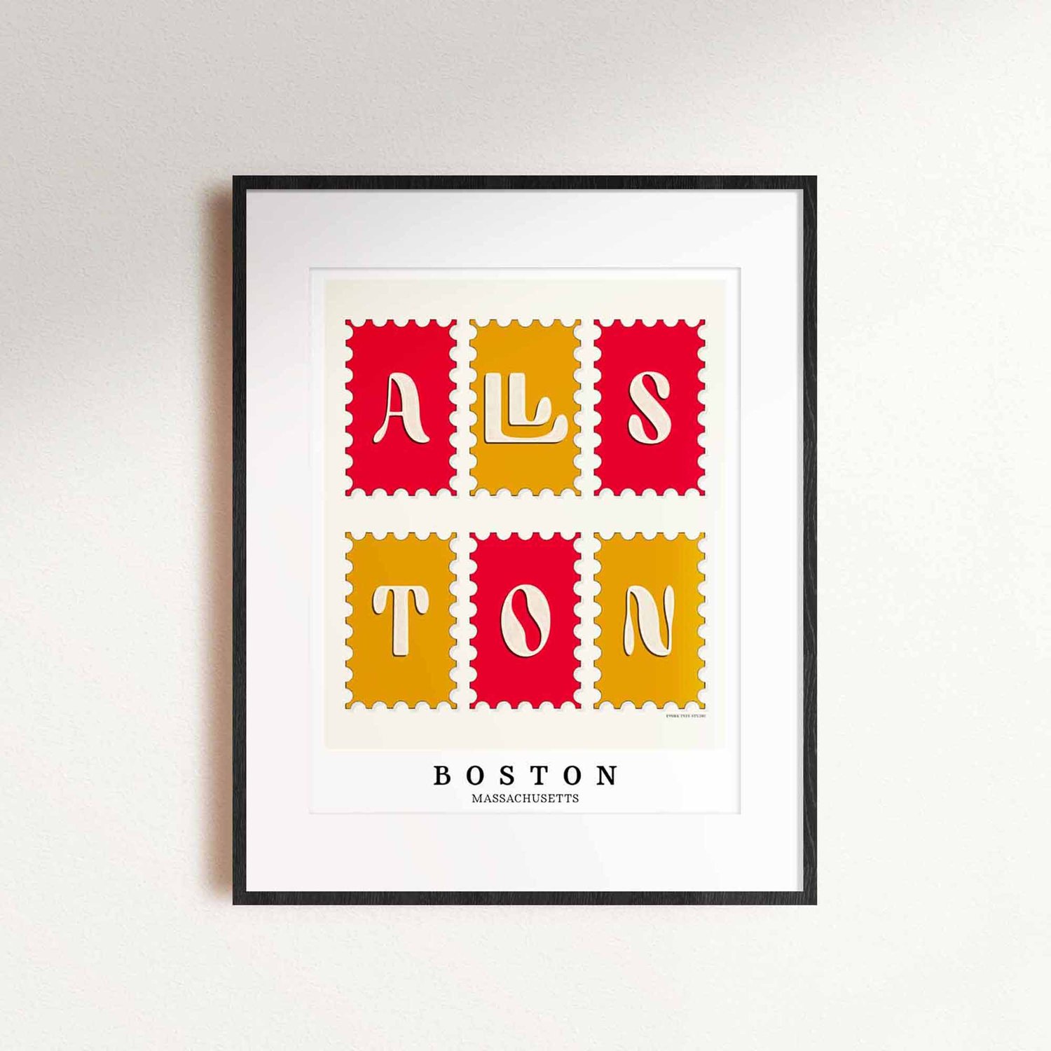 Allston Postage Stamp Collection print showcasing bold lettering and vibrant red and gold tones.