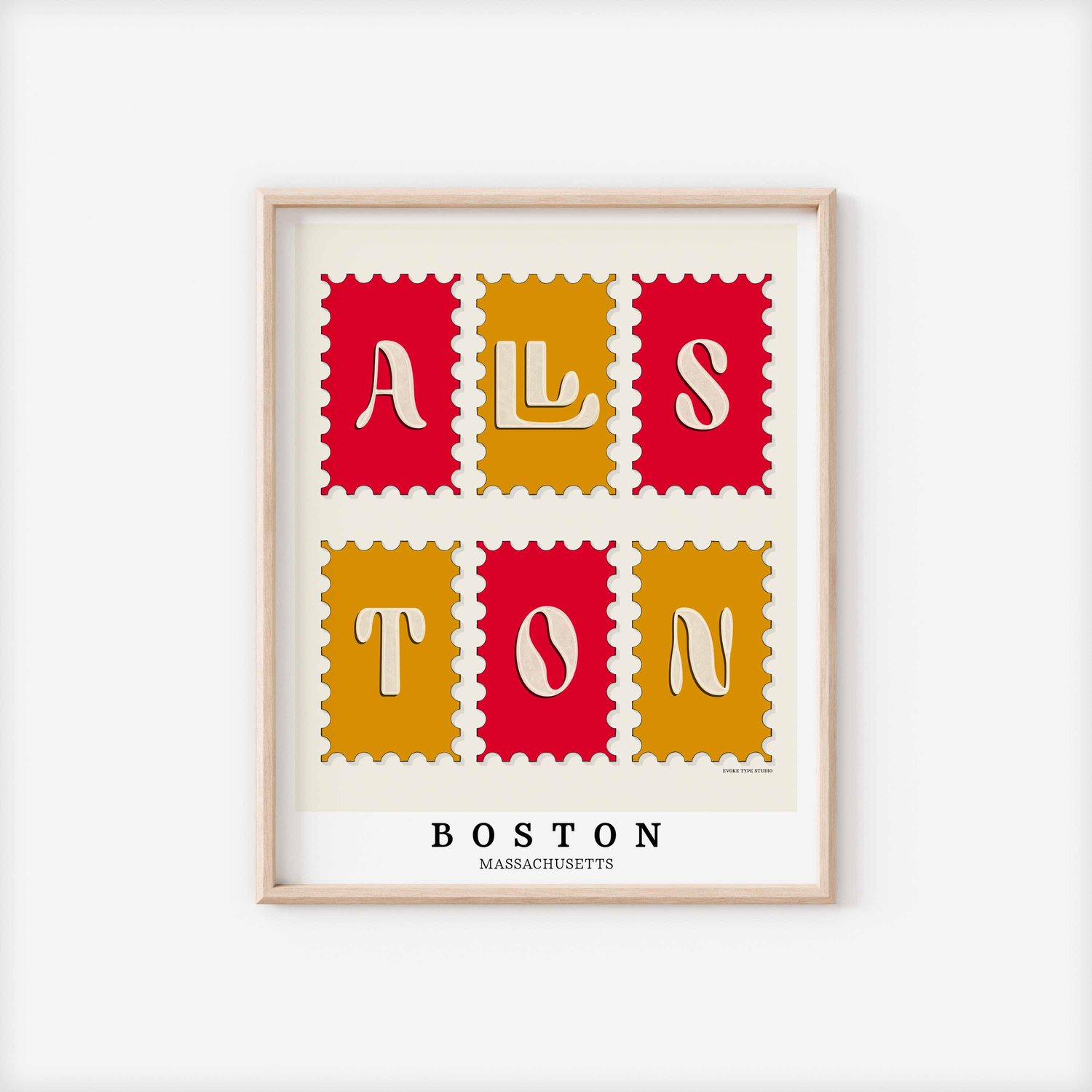 Allston Postage Stamp Collection print showcasing bold lettering and vibrant red and gold tones.