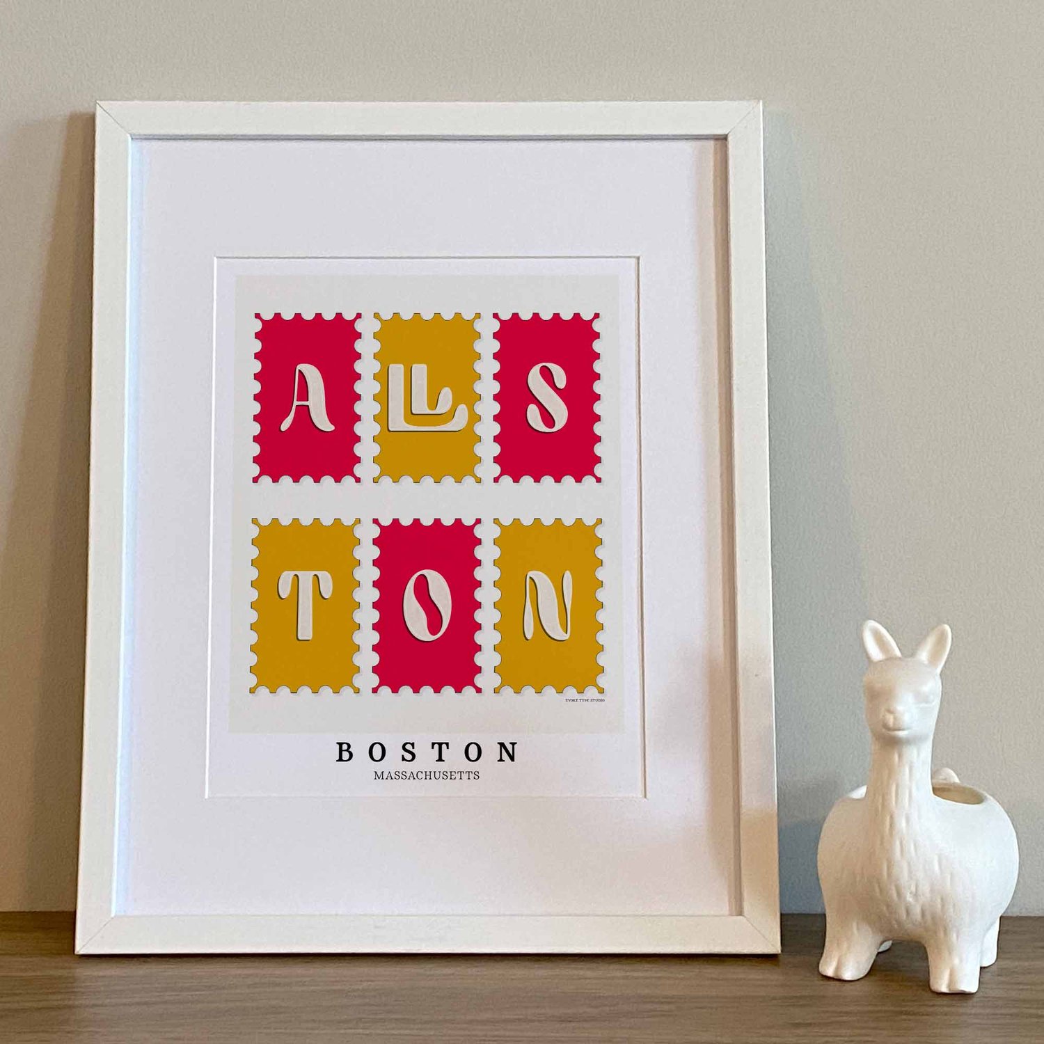 Allston neighborhood art print with distinctive, type-forward lettering arranged in a postage stamp layout.